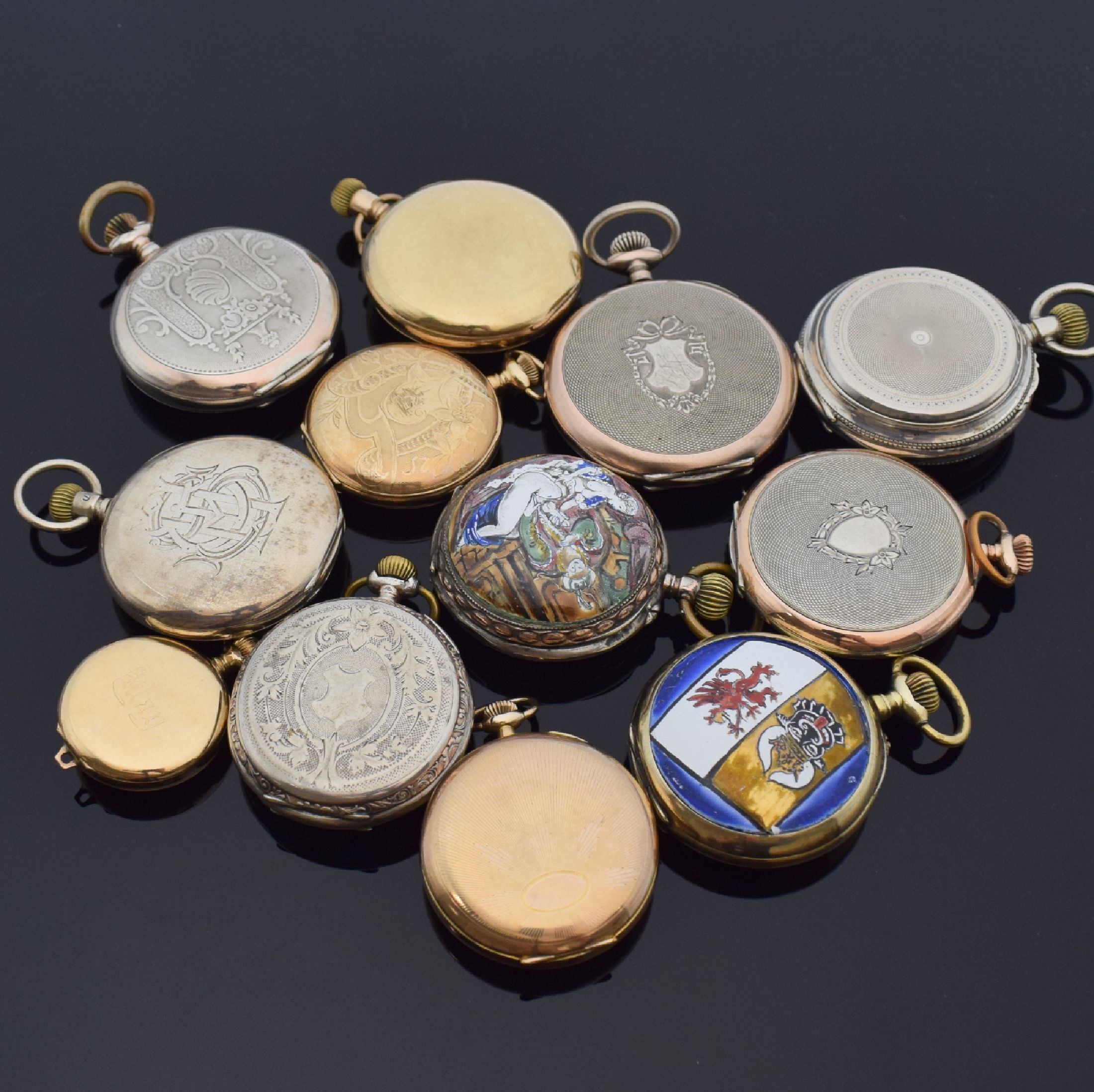 Detail e: 12 Taschenuhren darunter SEELAND, WALTHAM, ELGIN, SYSTEME GLASHÜTTE, Schweiz / England / USA um 1870 - 1900, Savonette u. offene Geh., in Silber u. ...