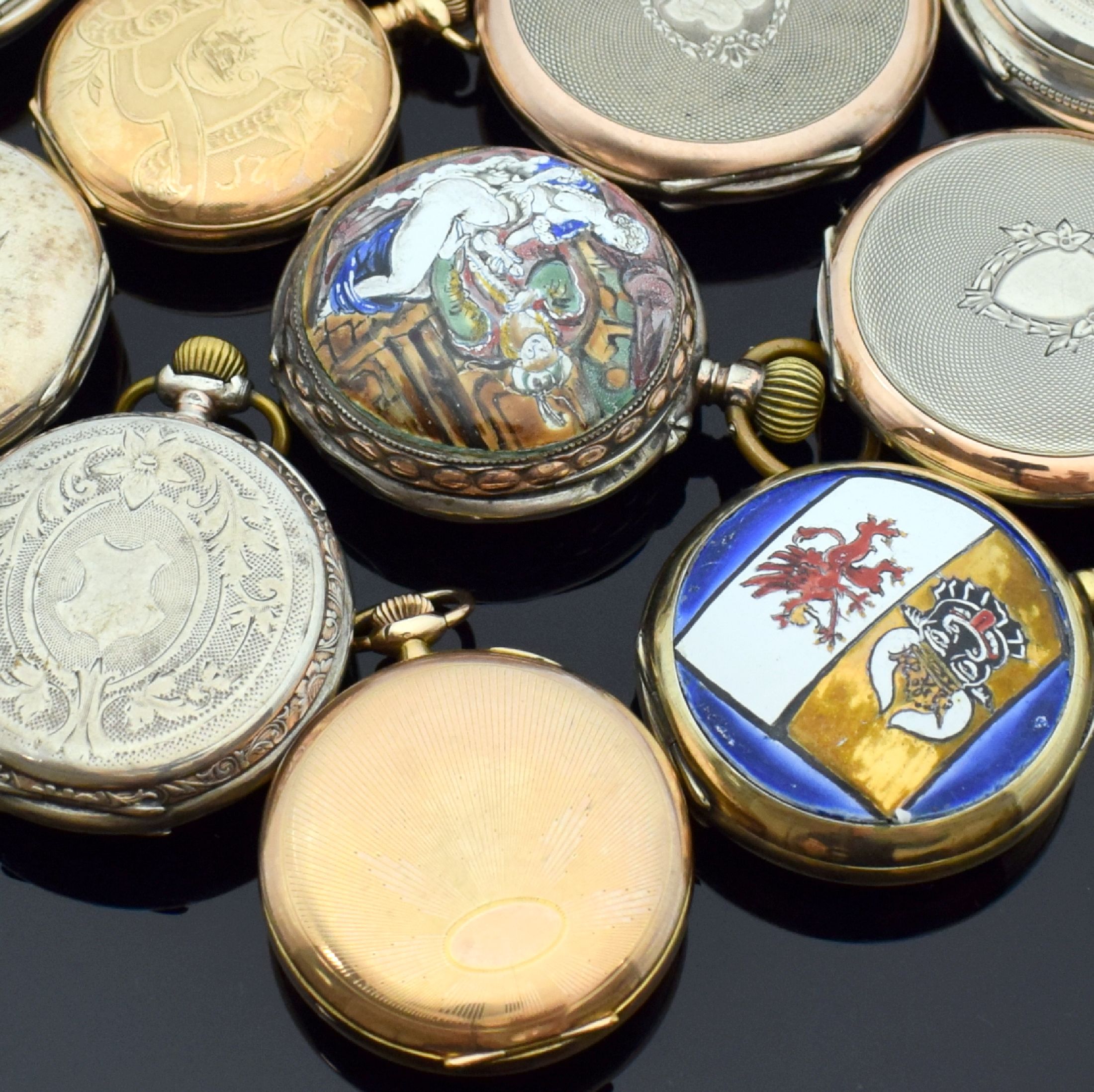 Detail g: 12 Taschenuhren darunter SEELAND, WALTHAM, ELGIN, SYSTEME GLASHÜTTE, Schweiz / England / USA um 1870 - 1900, Savonette u. offene Geh., in Silber u. ...