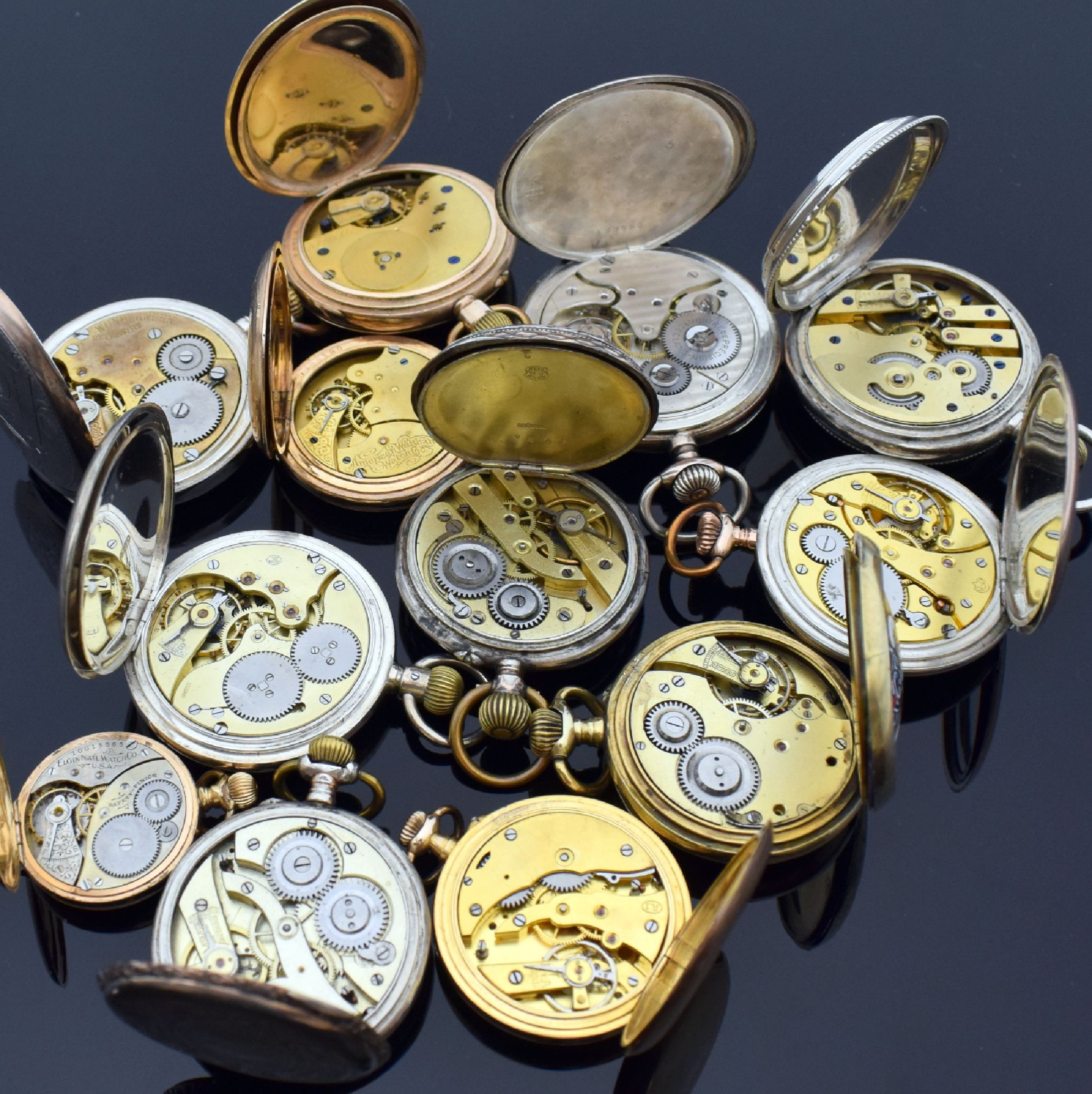 Detail h: 12 Taschenuhren darunter SEELAND, WALTHAM, ELGIN, SYSTEME GLASHÜTTE, Schweiz / England / USA um 1870 - 1900, Savonette u. offene Geh., in Silber u. ...