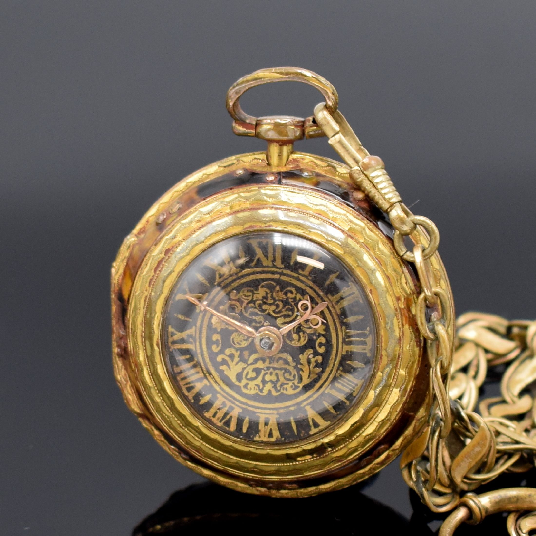 Detail a: Spindeltaschenuhr für den osmanischen Markt,um 1800, verg. Geh. unter Übergeh., rück- und vorderseitig Malerei unter Schildpatt (teils ...