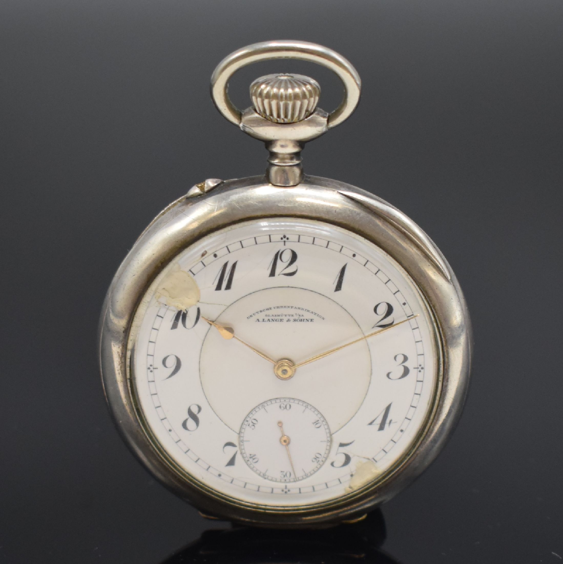 A. LANGE & SÖHNE / DUF offene Taschenuhr in 900er Silber, Deutschland um 1915, Geh. dell., Cuvette in 900er Silber, 2-tlg. Emailzifferbl. ...