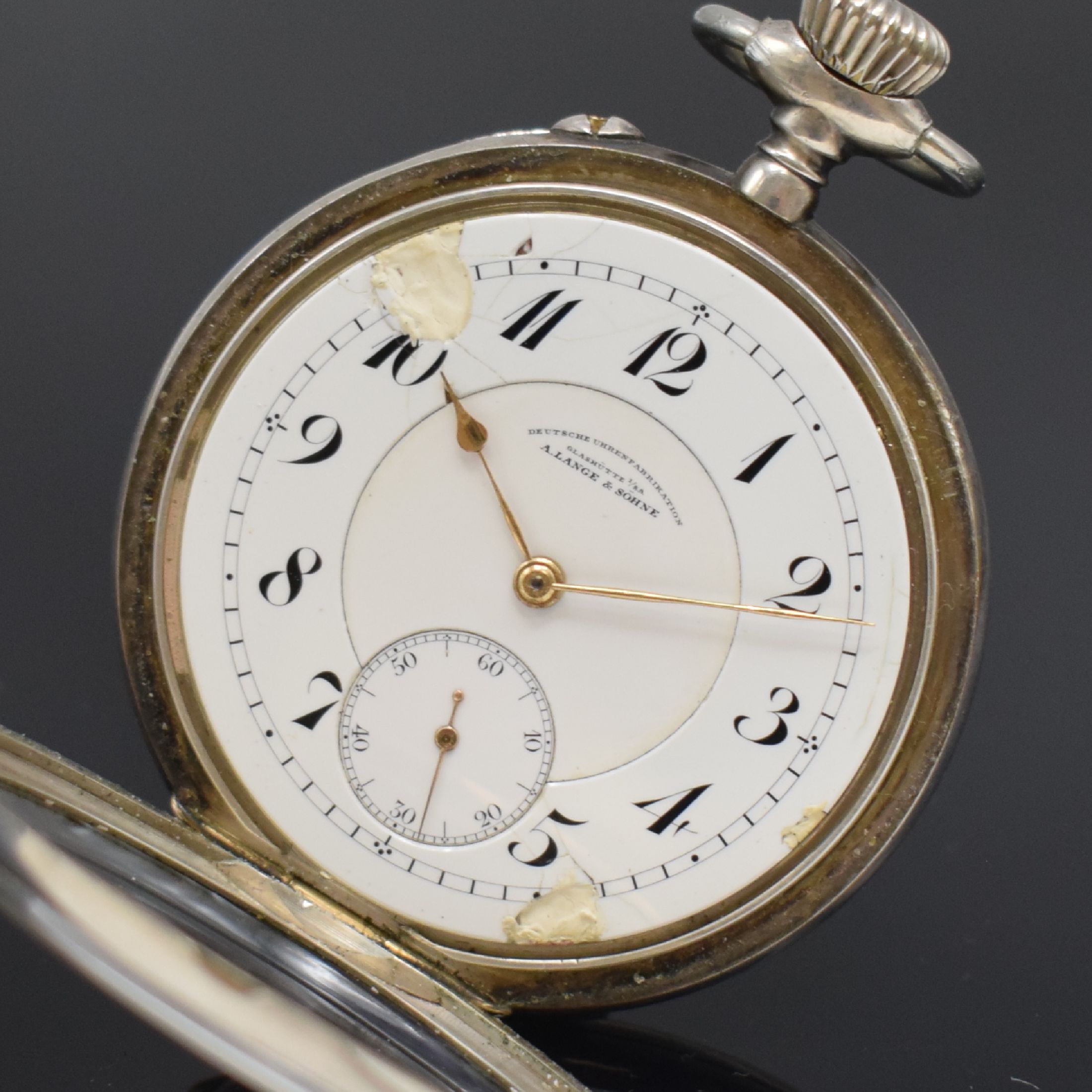 Detail a: A. LANGE & SÖHNE / DUF offene Taschenuhr in 900er Silber, Deutschland um 1915, Geh. dell., Cuvette in 900er Silber, 2-tlg. Emailzifferbl. ...