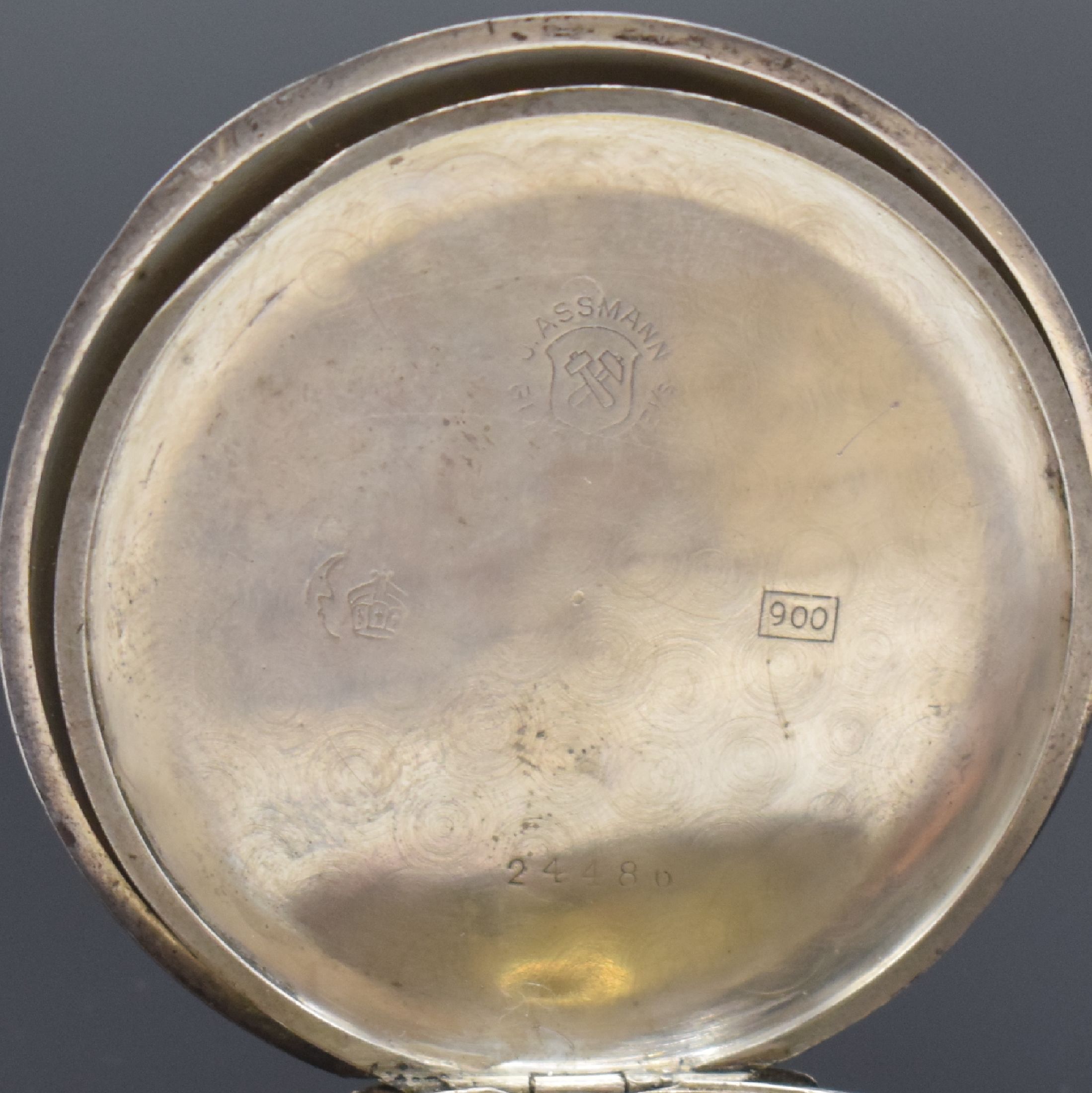 Detail e: J. ASSMANN Glashütte Herrensavonette in 900er Silber, Deutschland um 1900, Geh. dell., Tula-Muster größtenteils fehl. und angel., Cuvette in 900er ...