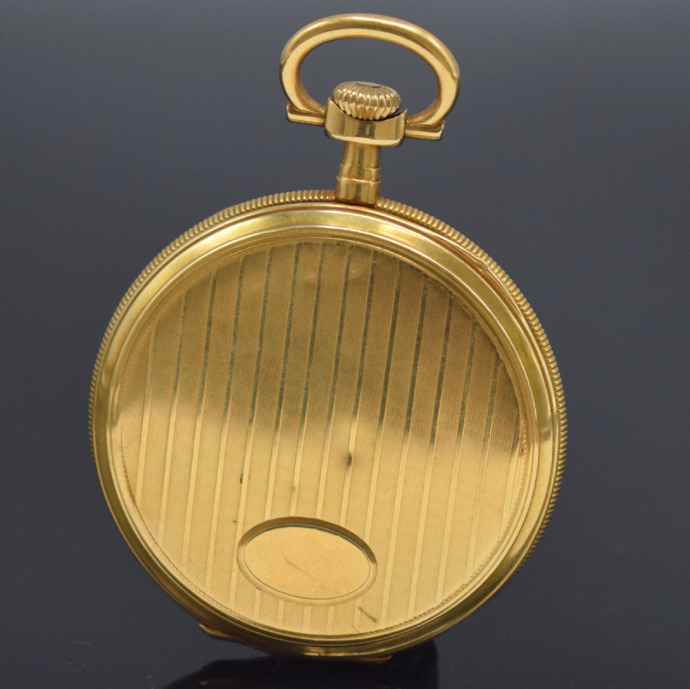 Detail b: LIP offene Taschenuhr in GG 750/000, Frankreich um 1920, Geh. m. Münzrand, Rückdeckel m. Streifendekor dell., Goldcuvette, Metallzifferbl. m. arab. ...