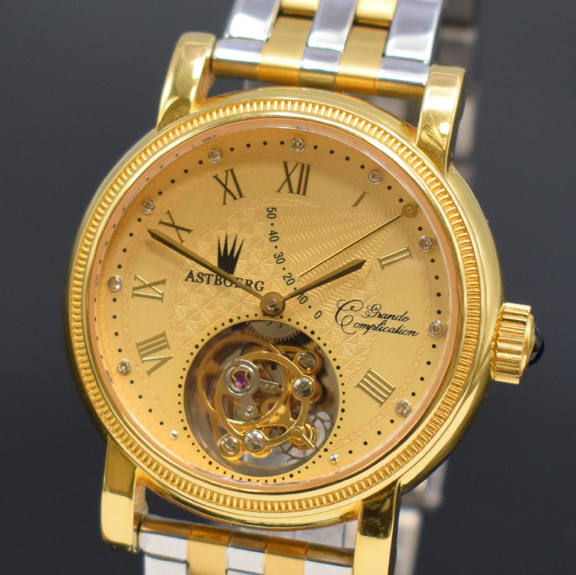Detail a: ASTBOERG Grande Complication Armbanduhr mit Tourbillon und Gangreserveanzeige, um 2010, Handaufzug, verg. Stahlgehäuse, beids. vergl., Boden ...