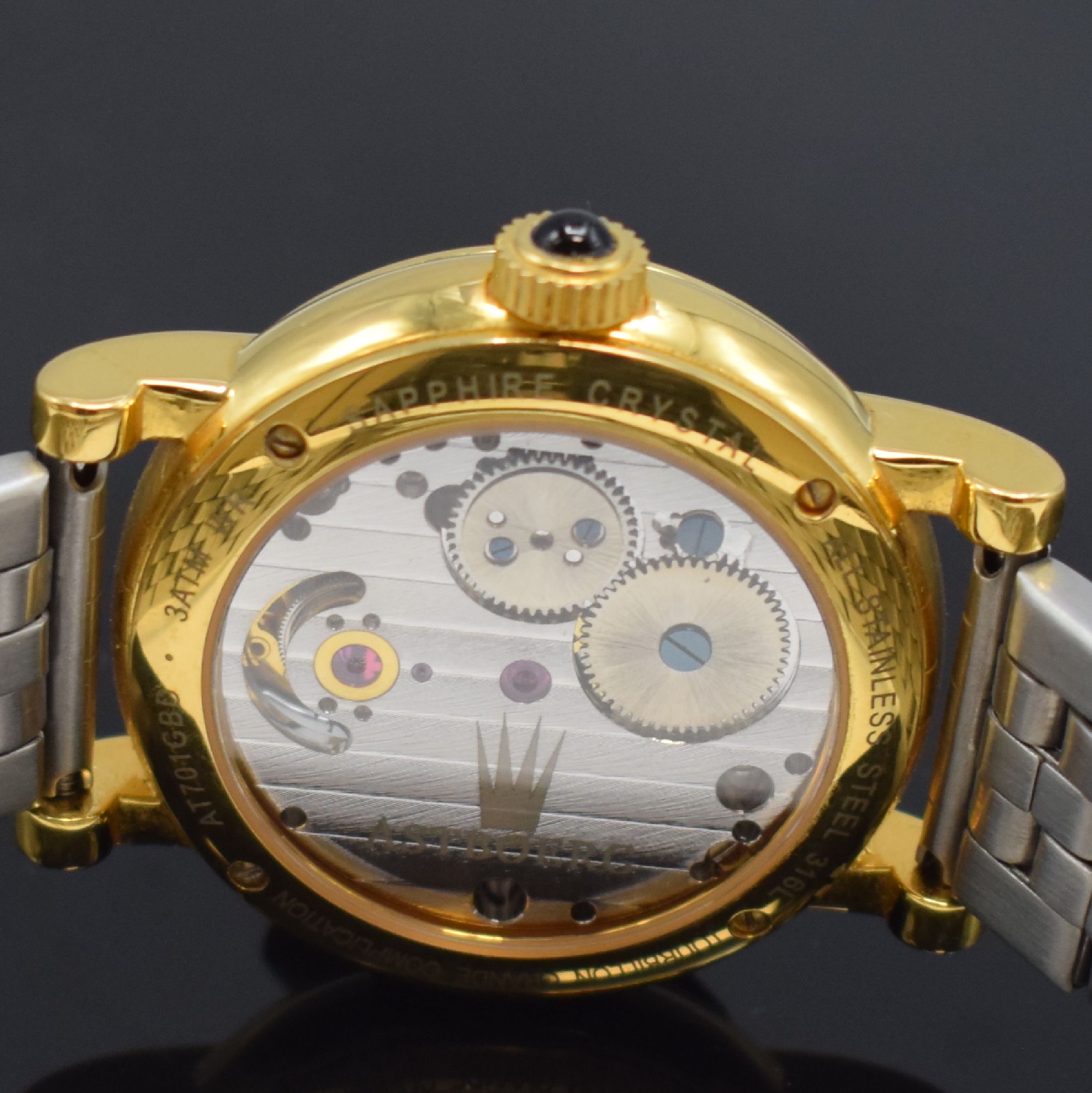 Detail c: ASTBOERG Grande Complication Armbanduhr mit Tourbillon und Gangreserveanzeige, um 2010, Handaufzug, verg. Stahlgehäuse, beids. vergl., Boden ...