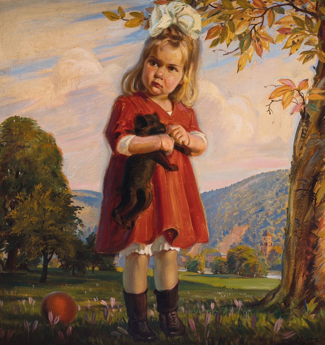Oskar Martin-Amorbach, 1897-1987, Ganzporträt eines Mädchen mit Teddybär vor weiter Landschaft, Öl/Lwd, rechts unten signiert und dat. 1920, ca. ...