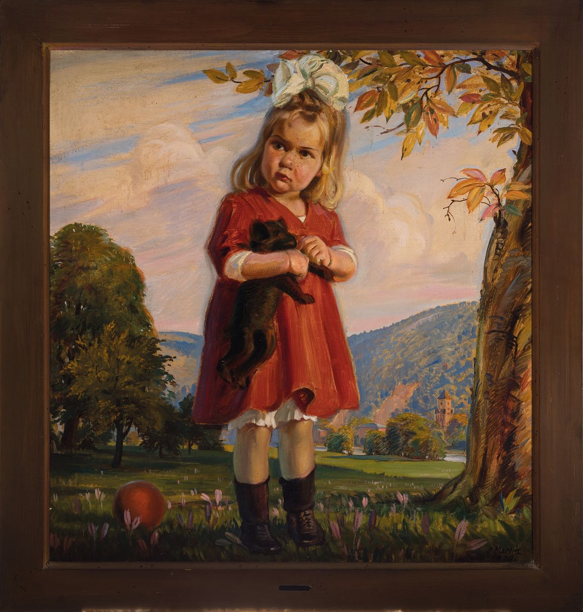 Detail k: Oskar Martin-Amorbach, 1897-1987, Ganzporträt eines Mädchen mit Teddybär vor weiter Landschaft, Öl/Lwd, rechts unten signiert und dat. 1920, ca. ...