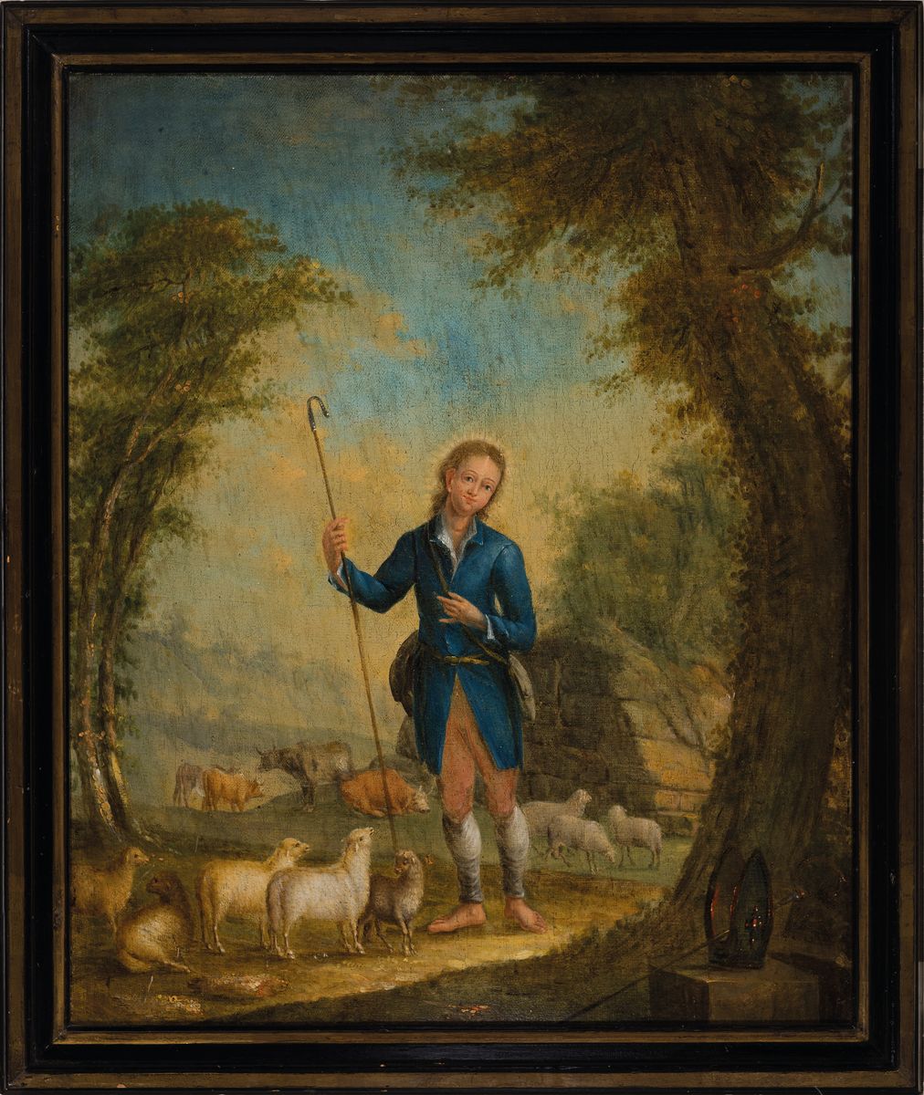 Detail k: Unbekannter Künstler, um 1830, Christus als guter Hirte mit Schafen, rechts unten Bischofsmütze und -Stab, Öl/Lwd, wachsdoubliert, Keilrahmen ...