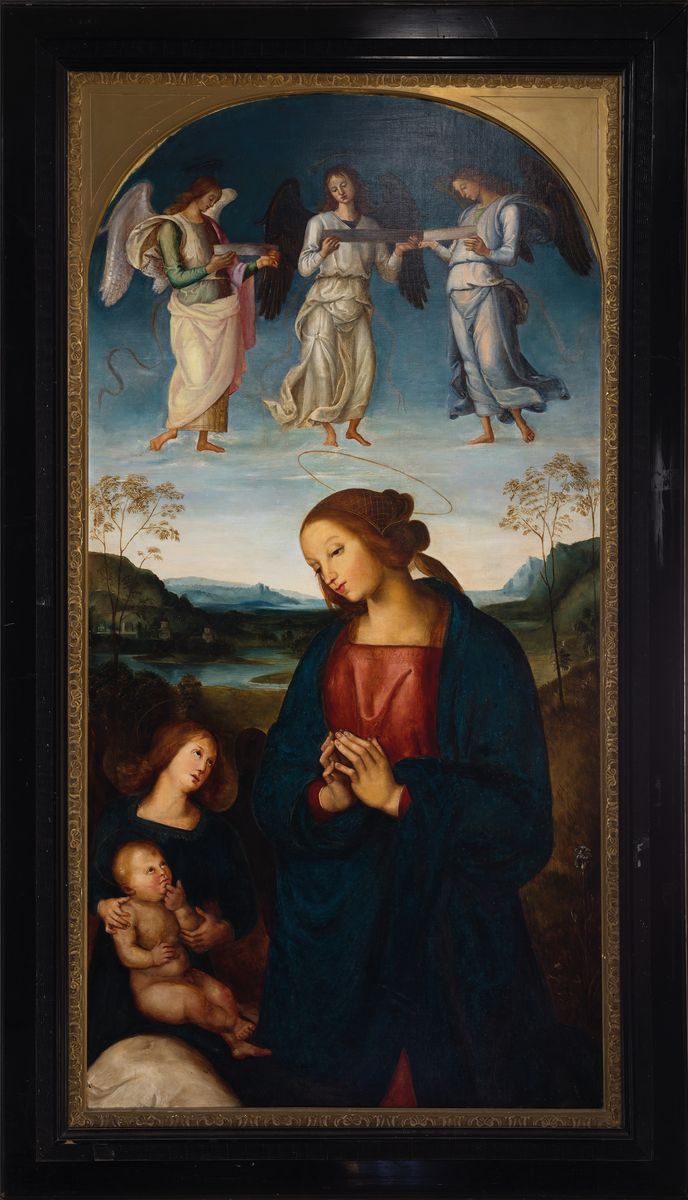 Detail k: Unbekannter Künstler des 19. Jh., Maria Mutter Gottes mit dem Jesuskind, im Himmel drei Engel, nach dem Vorbild von PietroPerugino (1469-1523), ...
