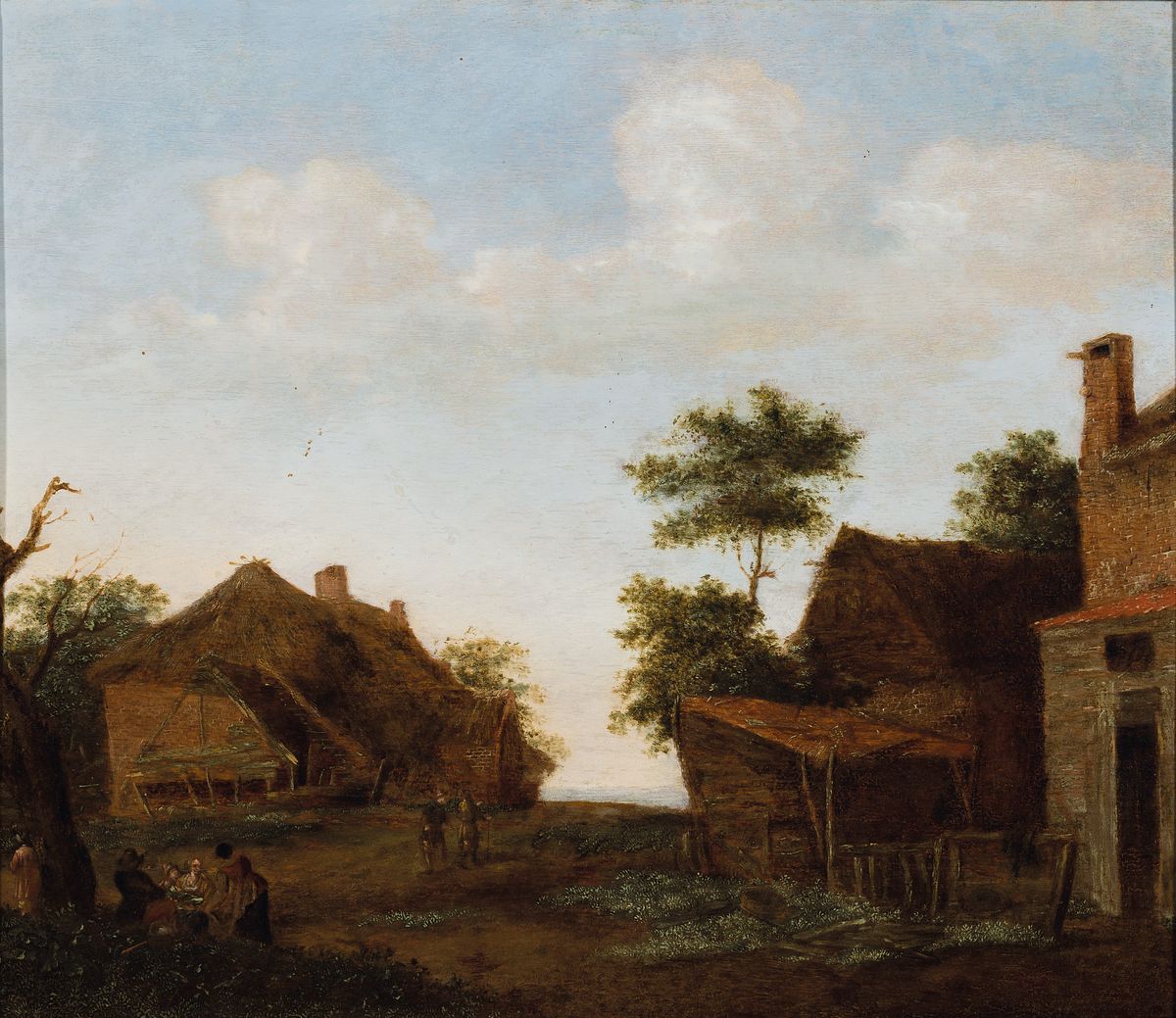 Unbekannter Künstler, wohl Niederlande, um 1830-40, Blick auf ein Gehöft, vorne links Personen, im Hintergrund die See, Öl/Holz, detailreiche ...
