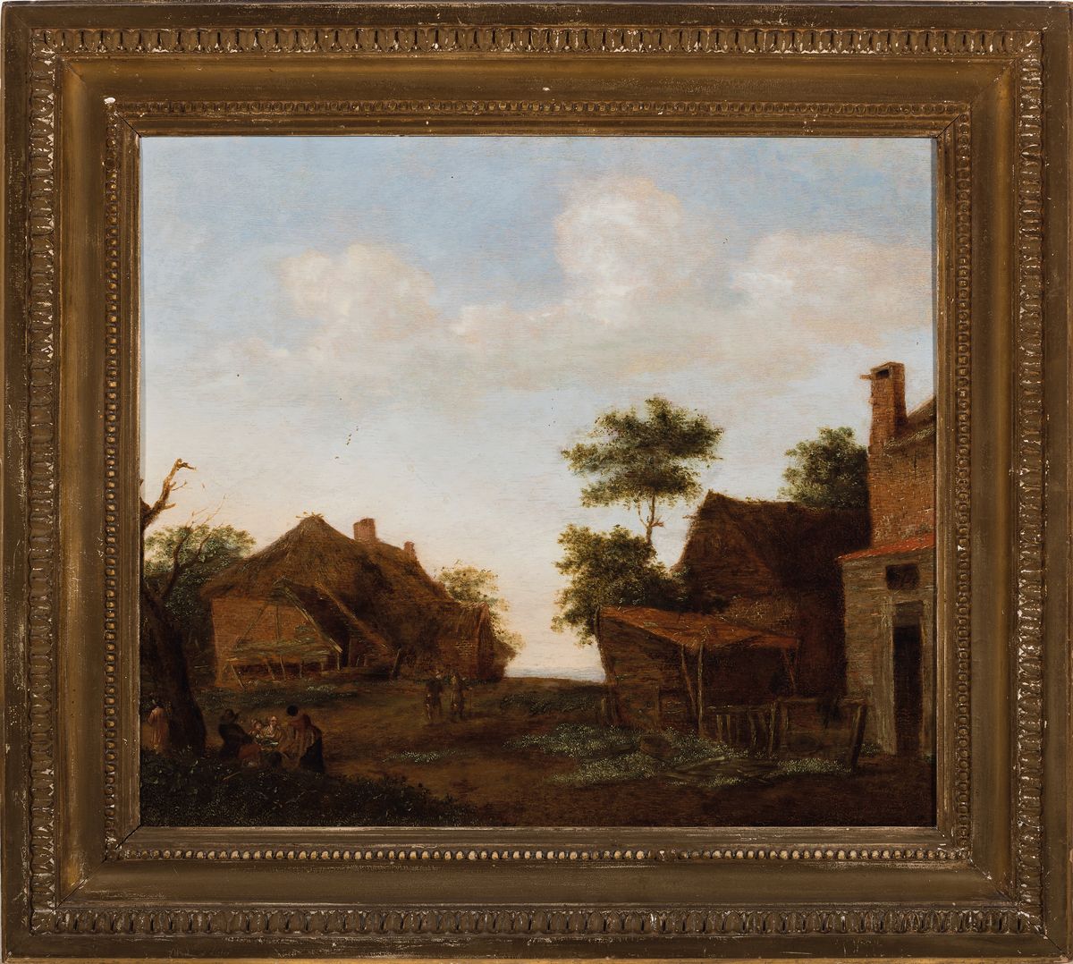 Detail k: Unbekannter Künstler, wohl Niederlande, um 1830-40, Blick auf ein Gehöft, vorne links Personen, im Hintergrund die See, Öl/Holz, detailreiche ...