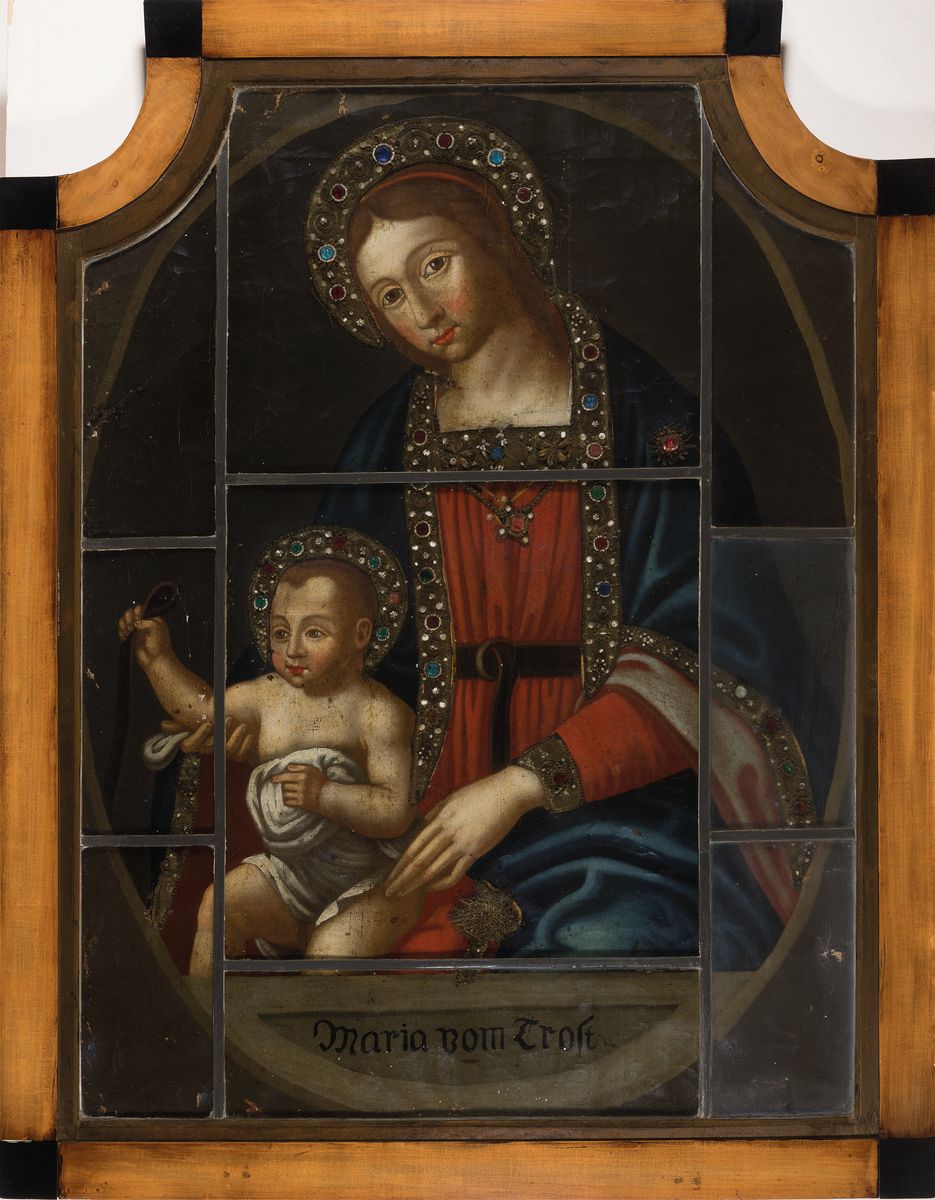 Detail k: Unbekannter Künstler, süddeutsch oder böhmisch, 2. Hälfte 19. Jh., betitelt: Maria vom Trost, Gottesmutter mit Jesuskind, verziert mit reichen ...
