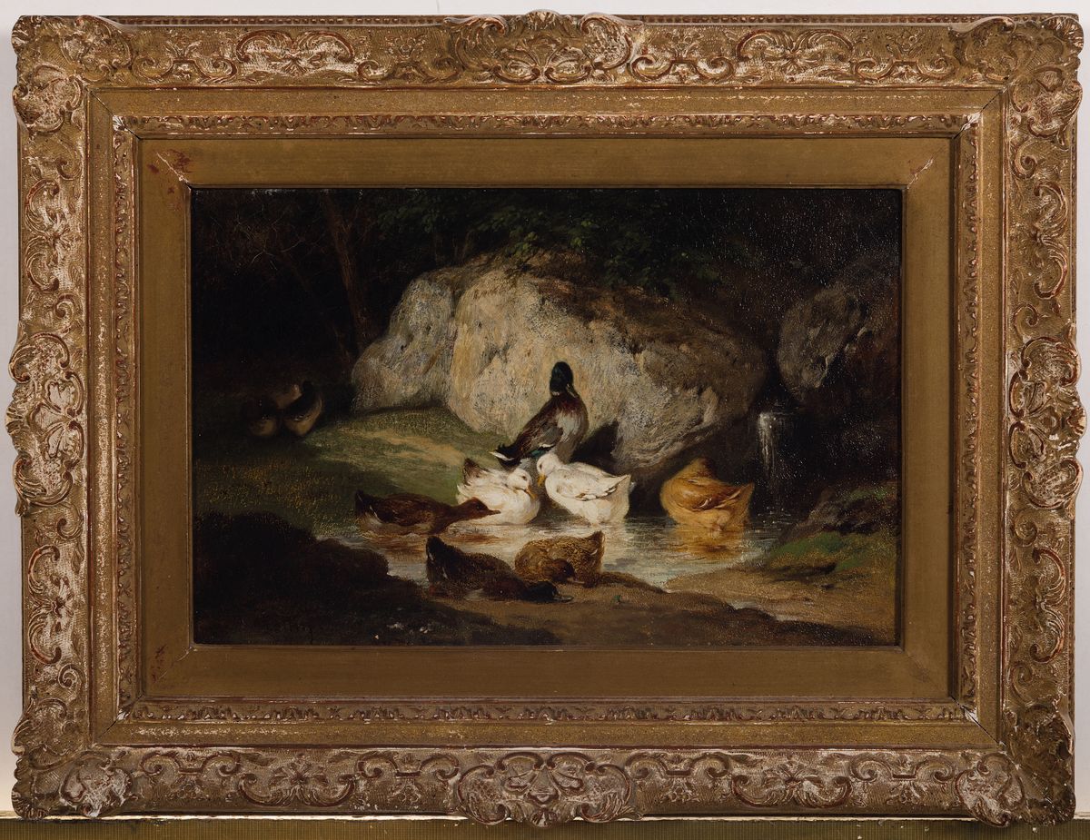 Detail k: Pierre Cottin, 1823-1887 Paris, Wildenten an einem Bach, Öl/Lwd, links unten signiert, ca. 20.5x30.5cm, R. ca. 33x44cm