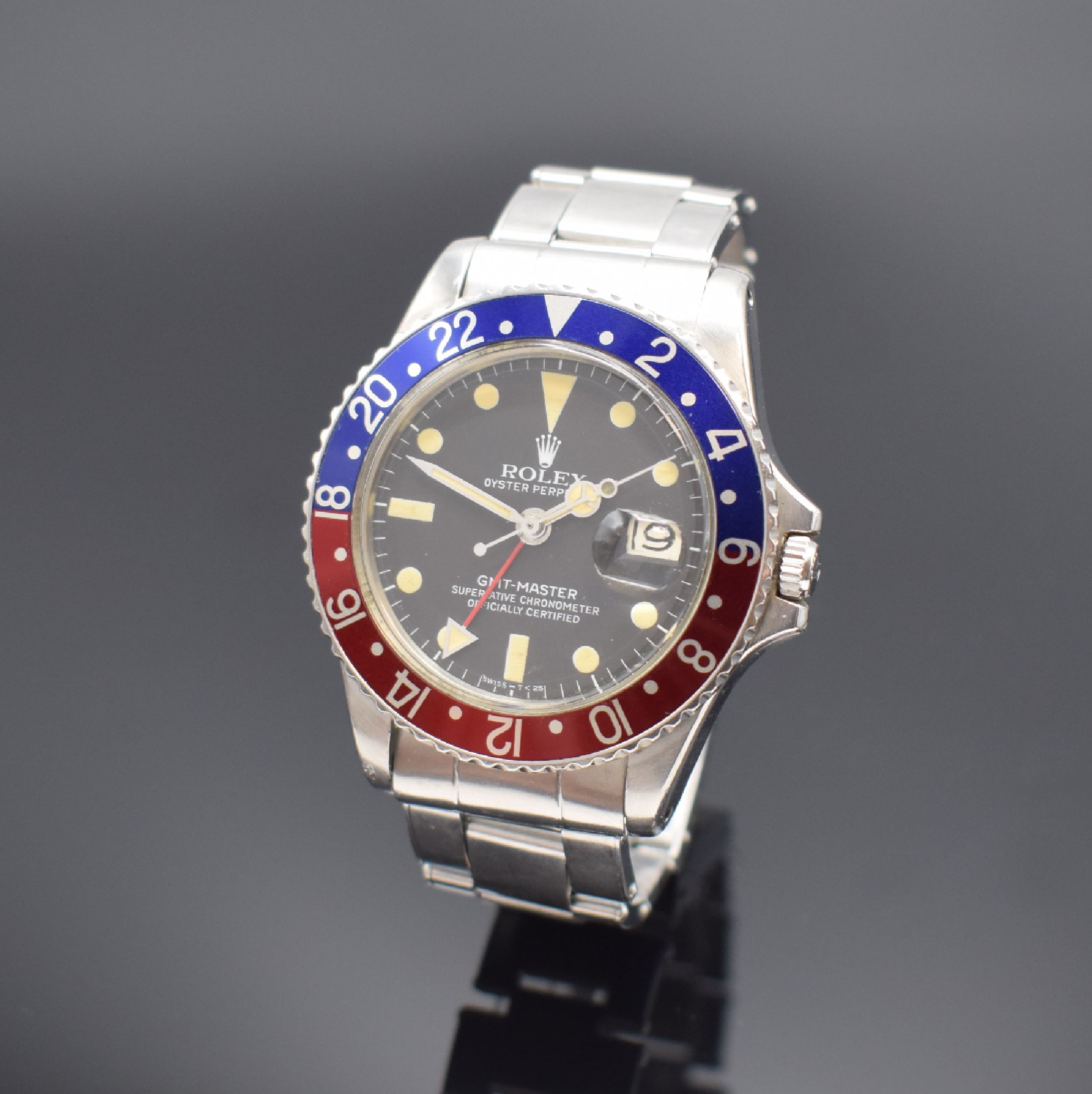 ROLEX Herrenarmbanduhr Oyster Perpetual GMT- Master Referenz 1675, Automatik, frühes Modell, gestempelt 2. Quartal 1967, Tritiumzifferblatt und ...