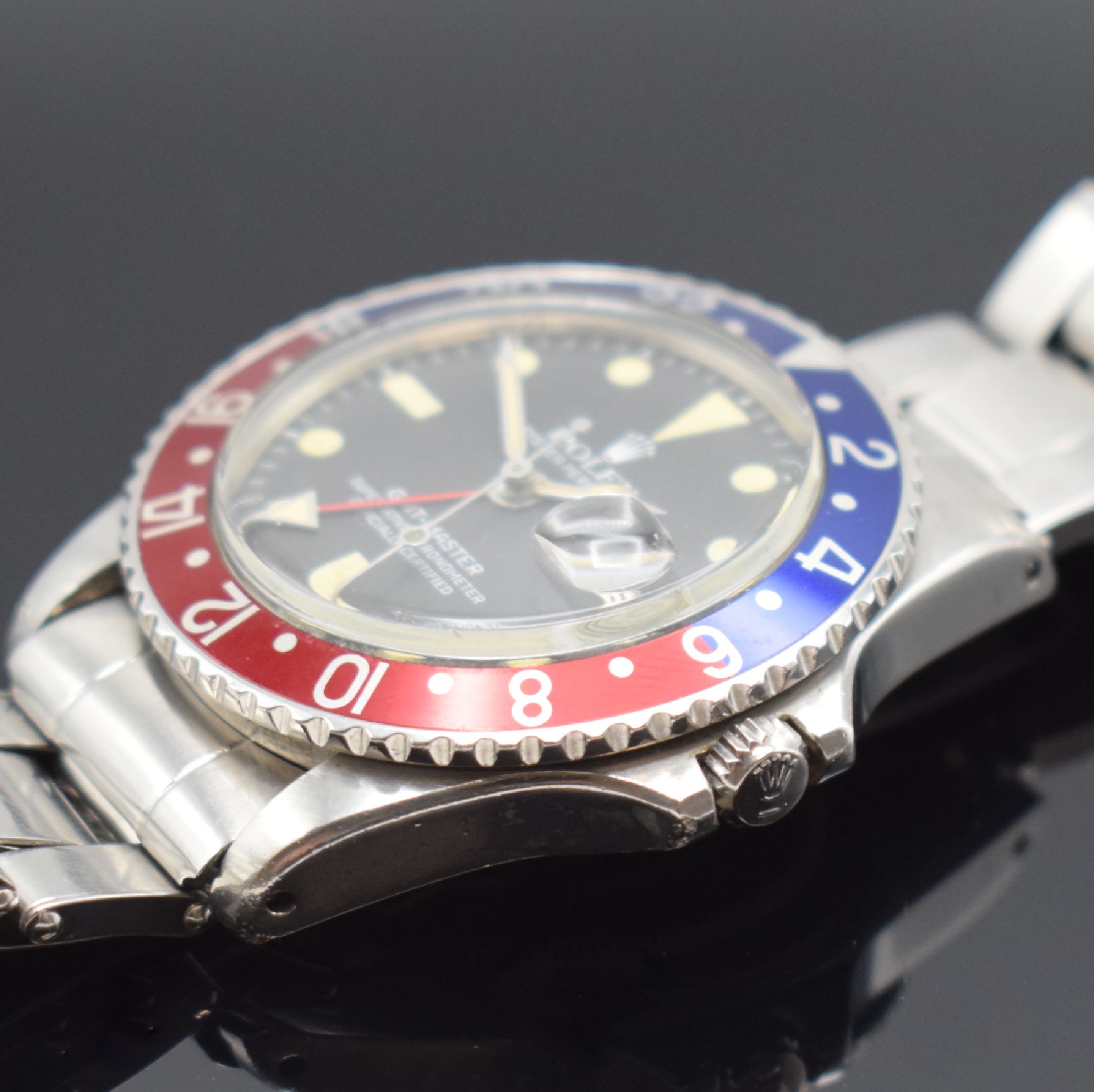 Detail c: ROLEX Herrenarmbanduhr Oyster Perpetual GMT- Master Referenz 1675, Automatik, frühes Modell, gestempelt 2. Quartal 1967, Tritiumzifferblatt und ...