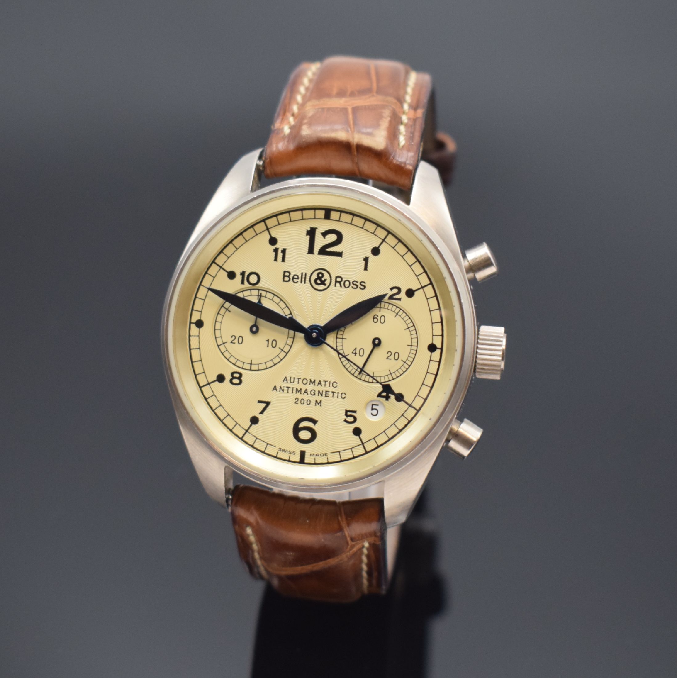 BELL & ROSS seltener Vintage 126 Armbandchronograph in 750/000 Graugold, Automatik, orig. Lederband m. dopp. Faltschl. in Edelstahl, beids. vergl., ...