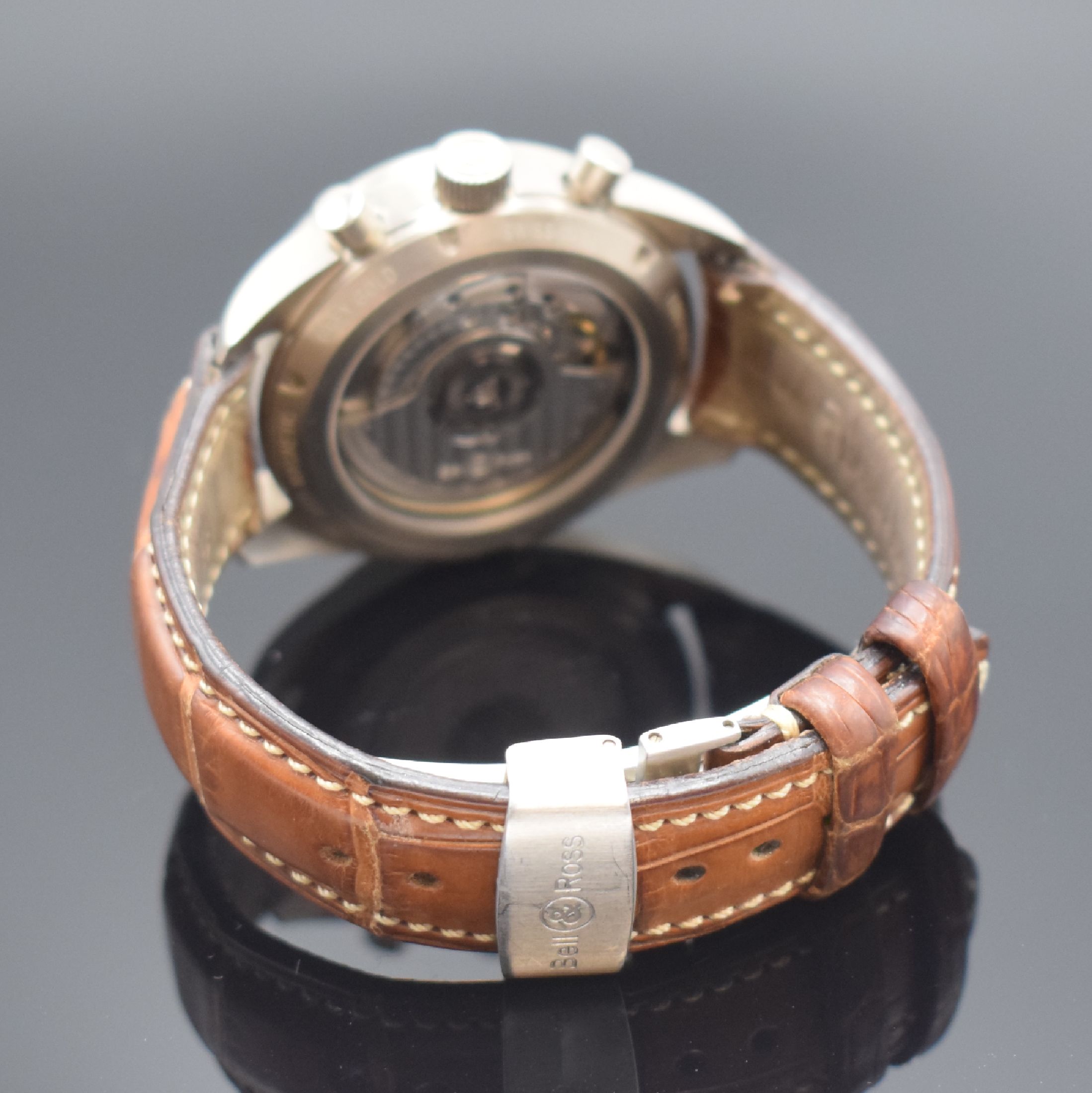 Detail b: BELL & ROSS seltener Vintage 126 Armbandchronograph in 750/000 Graugold, Automatik, orig. Lederband m. dopp. Faltschl. in Edelstahl, beids. vergl., ...
