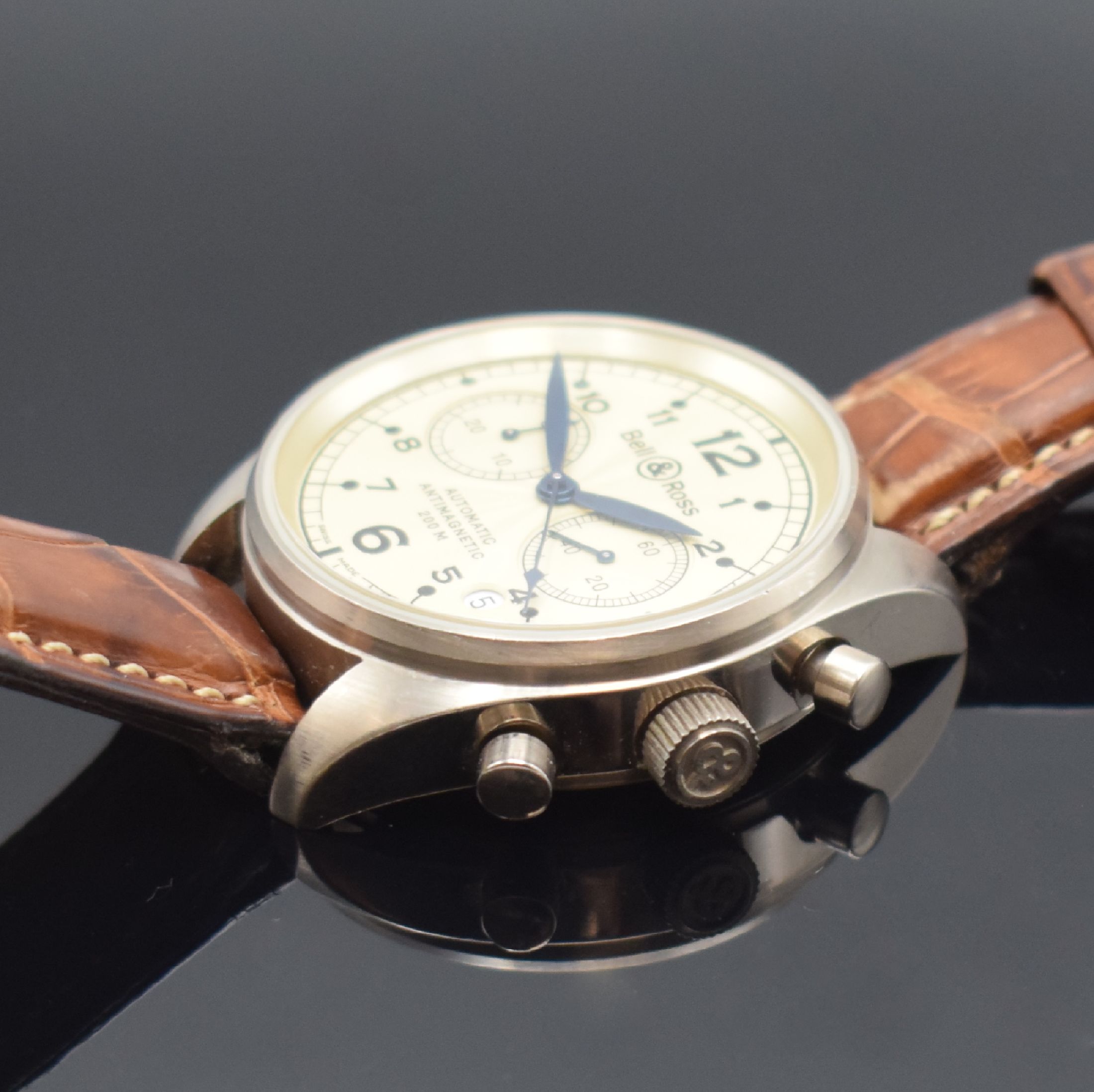 Detail c: BELL & ROSS seltener Vintage 126 Armbandchronograph in 750/000 Graugold, Automatik, orig. Lederband m. dopp. Faltschl. in Edelstahl, beids. vergl., ...