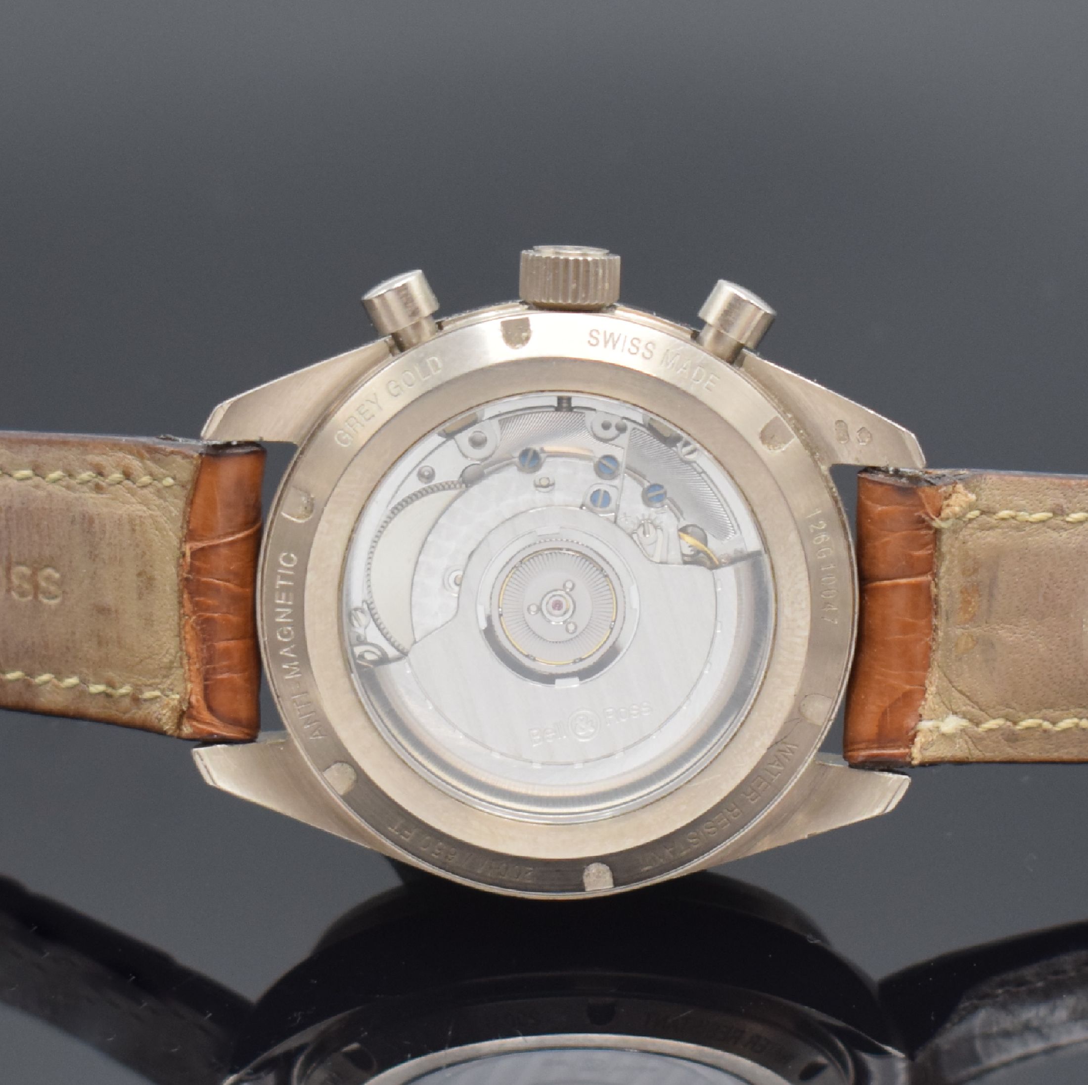 Detail d: BELL & ROSS seltener Vintage 126 Armbandchronograph in 750/000 Graugold, Automatik, orig. Lederband m. dopp. Faltschl. in Edelstahl, beids. vergl., ...