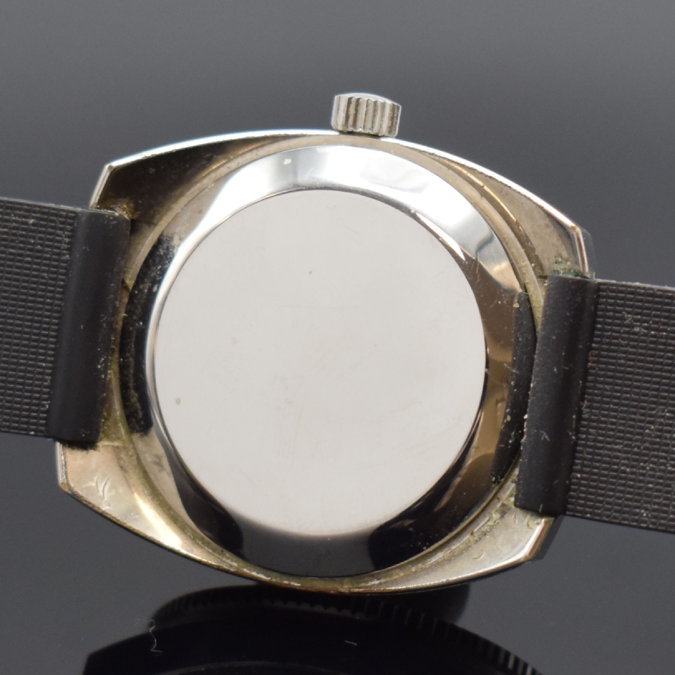 Detail c: GLASHÜTTE seltene Herrenarmbanduhr Spezichron im Militärdesign, DDR um 1980, Stahlboden aufgedr., Lün. m. 60er Teilung beids. drehbar, schwarzes ...
