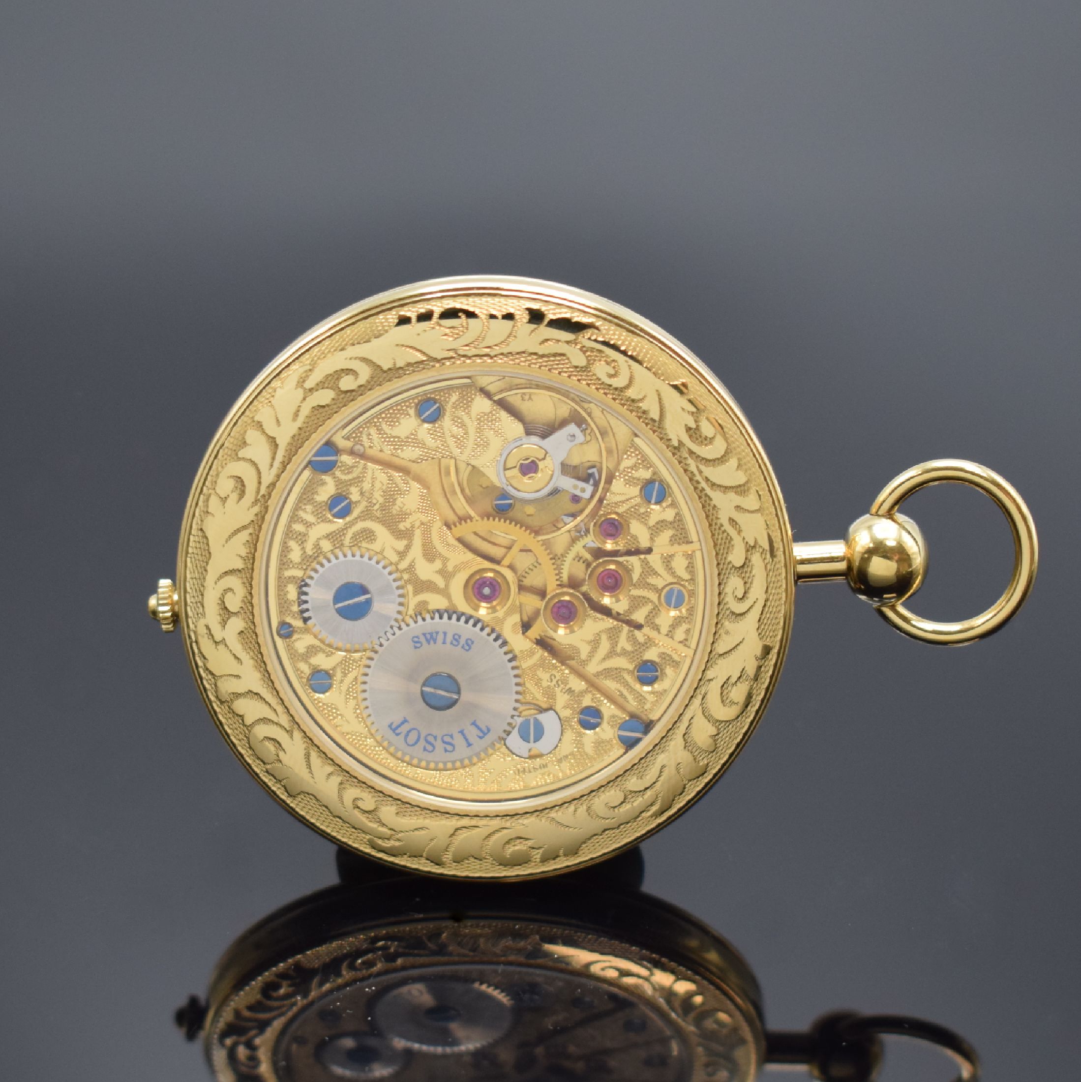 Detail a: TISSOT offene Taschenuhr, Handaufzug, Schweiz um 1995, Metallgeh. verg., beids. vergl., Rückseite wie Werk aufwendig schmuckgraviert, Anz. v. Std., ...