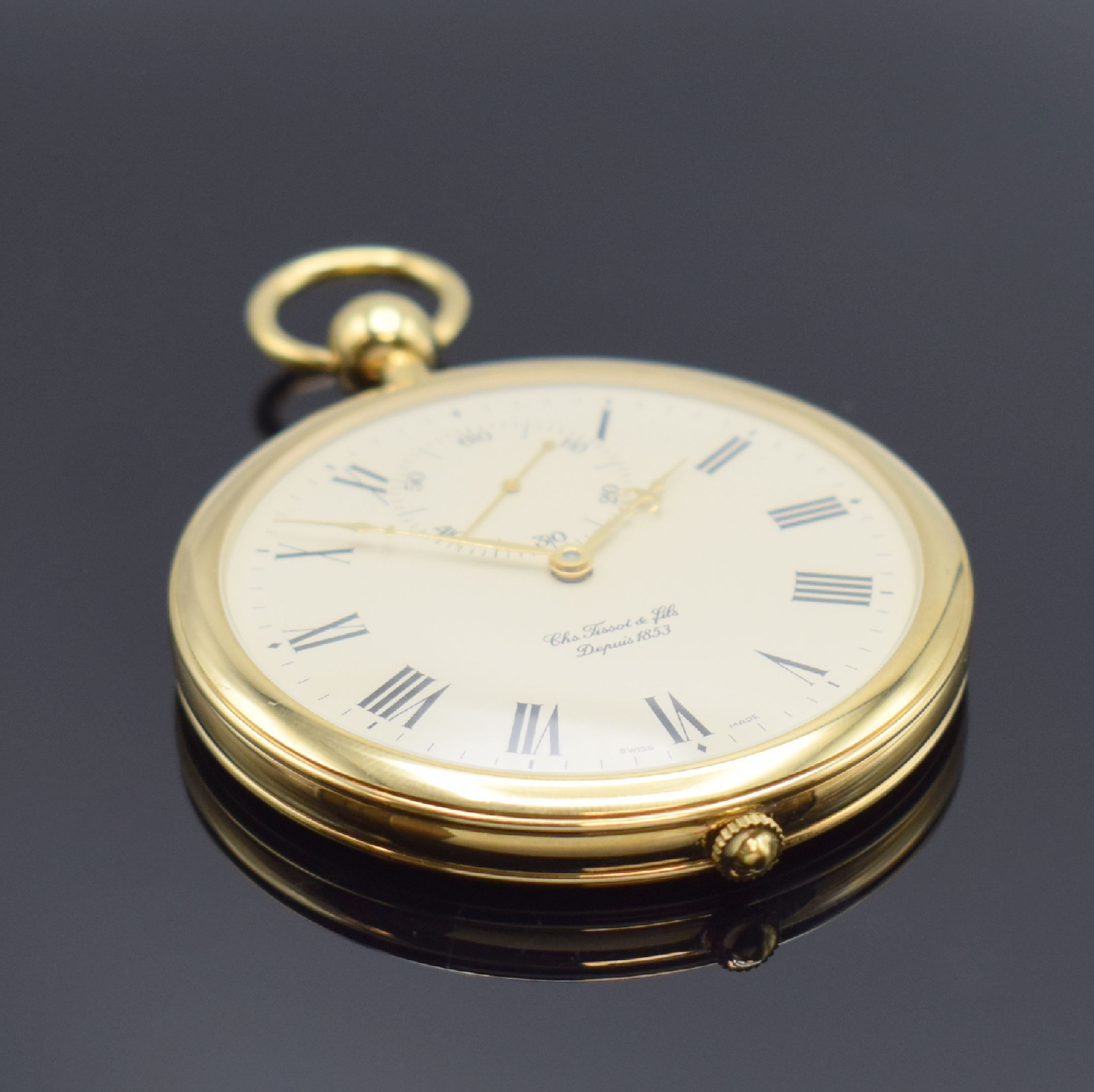 Detail c: TISSOT offene Taschenuhr, Handaufzug, Schweiz um 1995, Metallgeh. verg., beids. vergl., Rückseite wie Werk aufwendig schmuckgraviert, Anz. v. Std., ...
