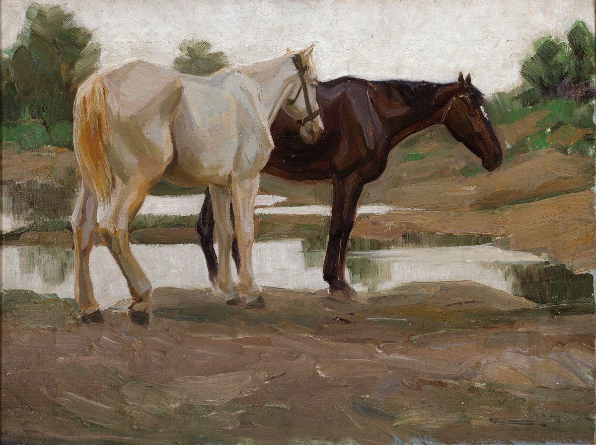 Ungedeuteter Künstler, süddeutsch, wohl Umkreis der Künstlerkolonie Wörth, datiert 1913, zwei Pferde an der Furt, erdiges Kolorit, subjektive ...