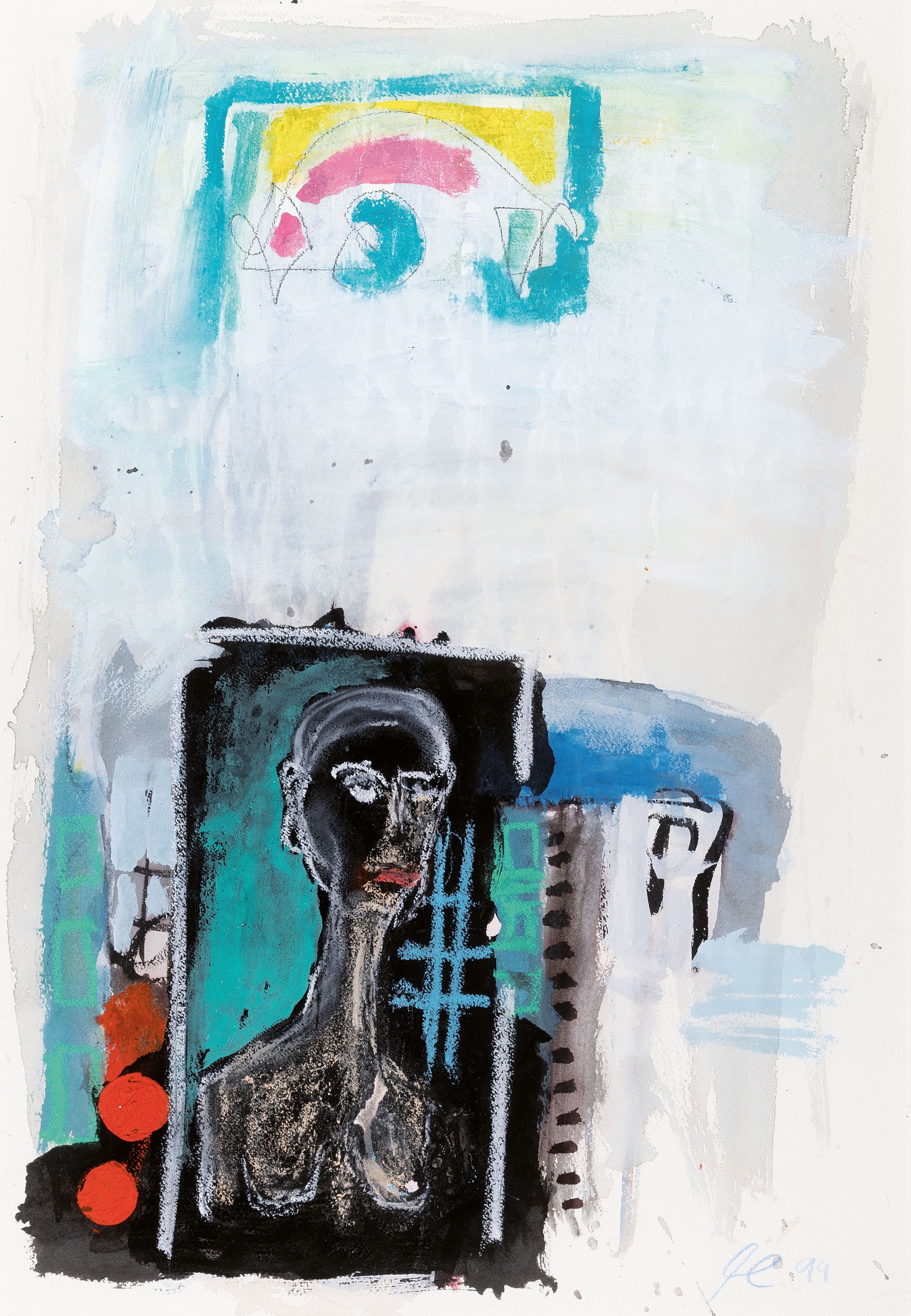 Heinz Morszoeck, geb. 1961, Meisterschüler von Markus Lüpertz, hier 2 Arbeiten in Aquarell, Kreide und Gouache auf Papier, "carte ...