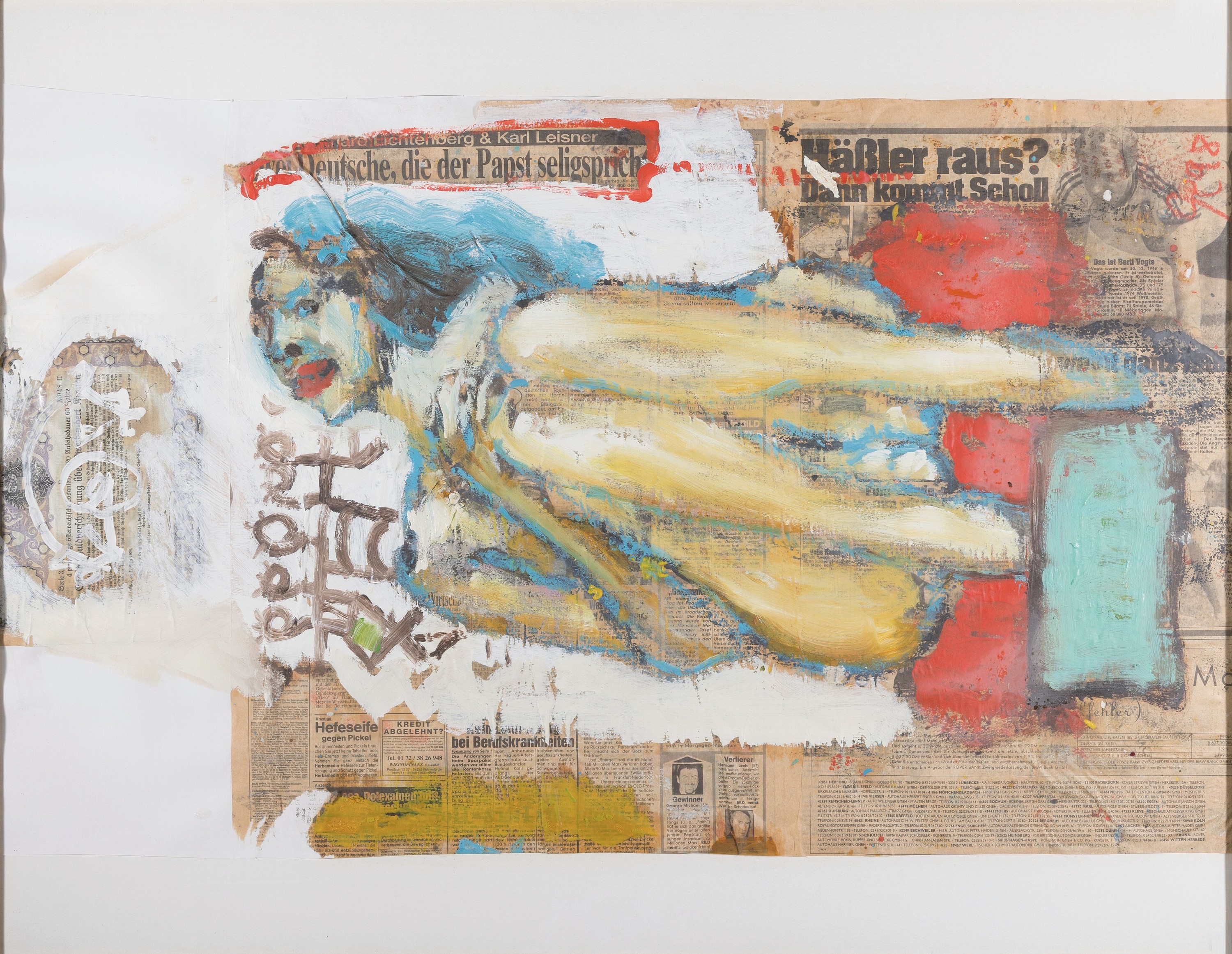 Heinz Morszoeck, geb. 1961, Meisterschüler von Markus Lüpertz, hier: Die neuen Schuhe, Mischtechnik und Collage auf Papier, rechts unten signiert ...
