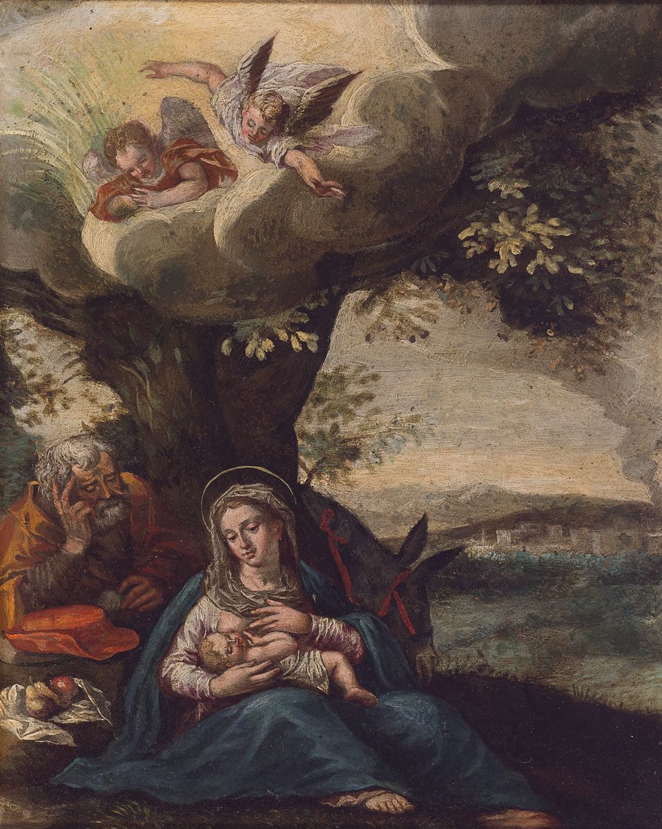 Unbekannter Künstler, deutsch, um 1900, die Heilige Familie bei der Rast mit stillender Maria, nach Johann Rottenhammer, Öl/Kupferplatte, ca. ...