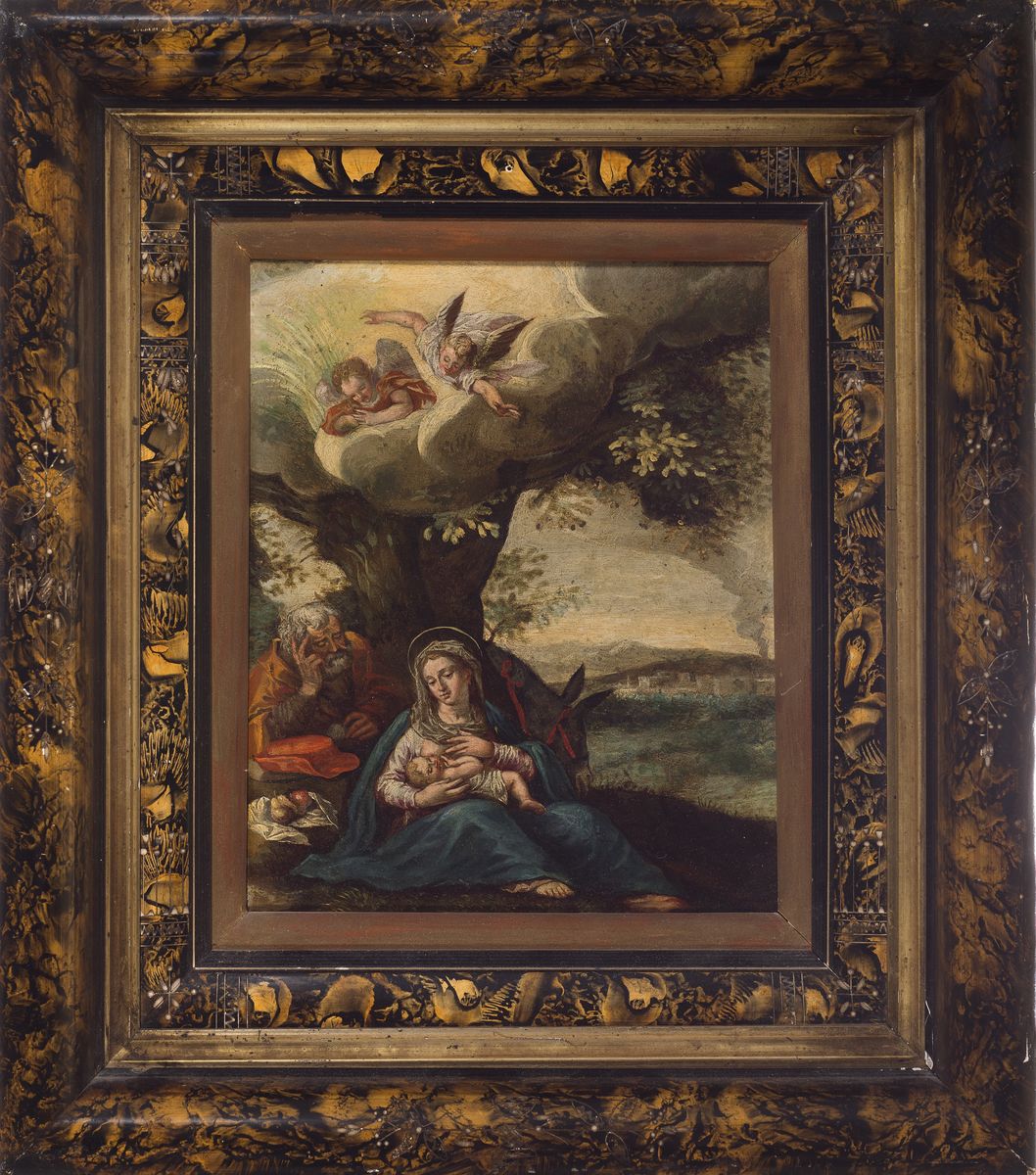 Detail k: Unbekannter Künstler, deutsch, um 1900, die Heilige Familie bei der Rast mit stillender Maria, nach Johann Rottenhammer, Öl/Kupferplatte, ca. ...