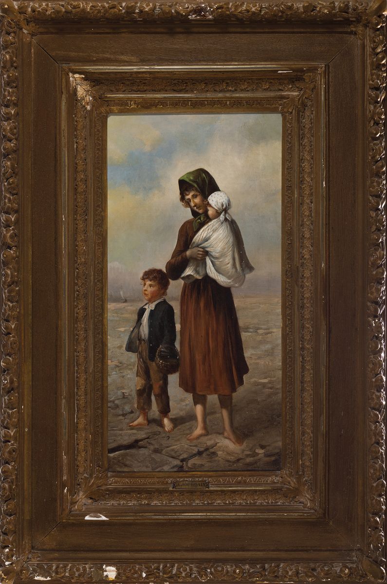 Detail k: Unbekannter Künstler, wohl Italien, um 1870,Mutter mit zwei Kindern am Strand, Öl/Lwd, unsigniert, ca. 51x25cm, reich gestuckter goldfarbener ...