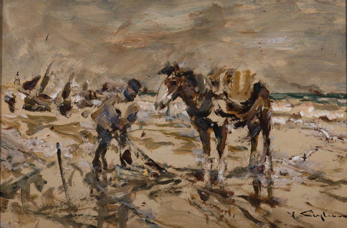 Julius Seyler, 1873 - 1955 München,, Crevettenfischer am Strand, u. re. signiert , Öl/Holz, ca. 29 x 43 cm, Rahmen ca. 38 x 52 cm