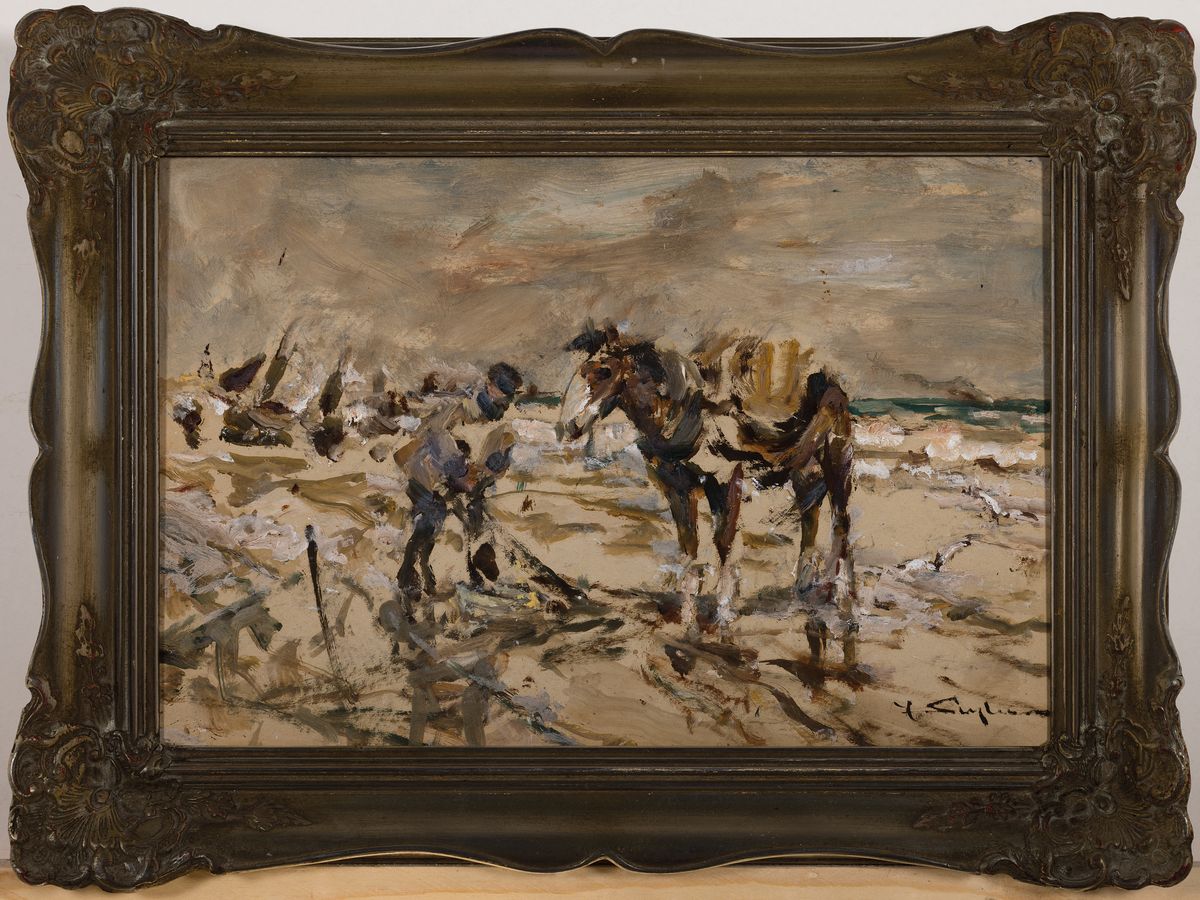 Detail k: Julius Seyler, 1873 - 1955 München,, Crevettenfischer am Strand, u. re. signiert , Öl/Holz, ca. 29 x 43 cm, Rahmen ca. 38 x 52 cm