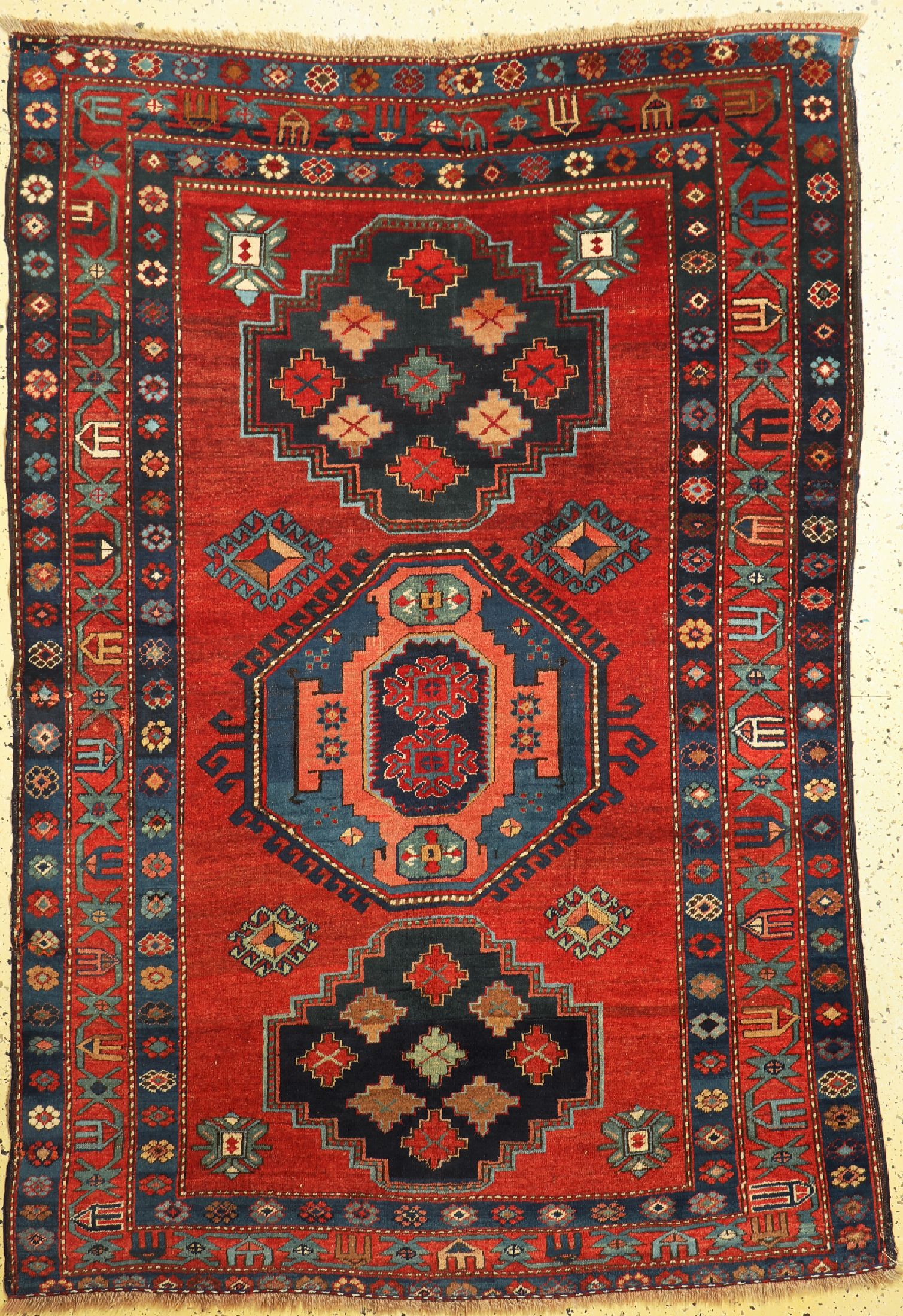 Antiker Kazak, Kaukasus, um 1900, Wolle aufWolle, ca. 210 x 150 cm, verkürzt, EHZ: 2, restauriert