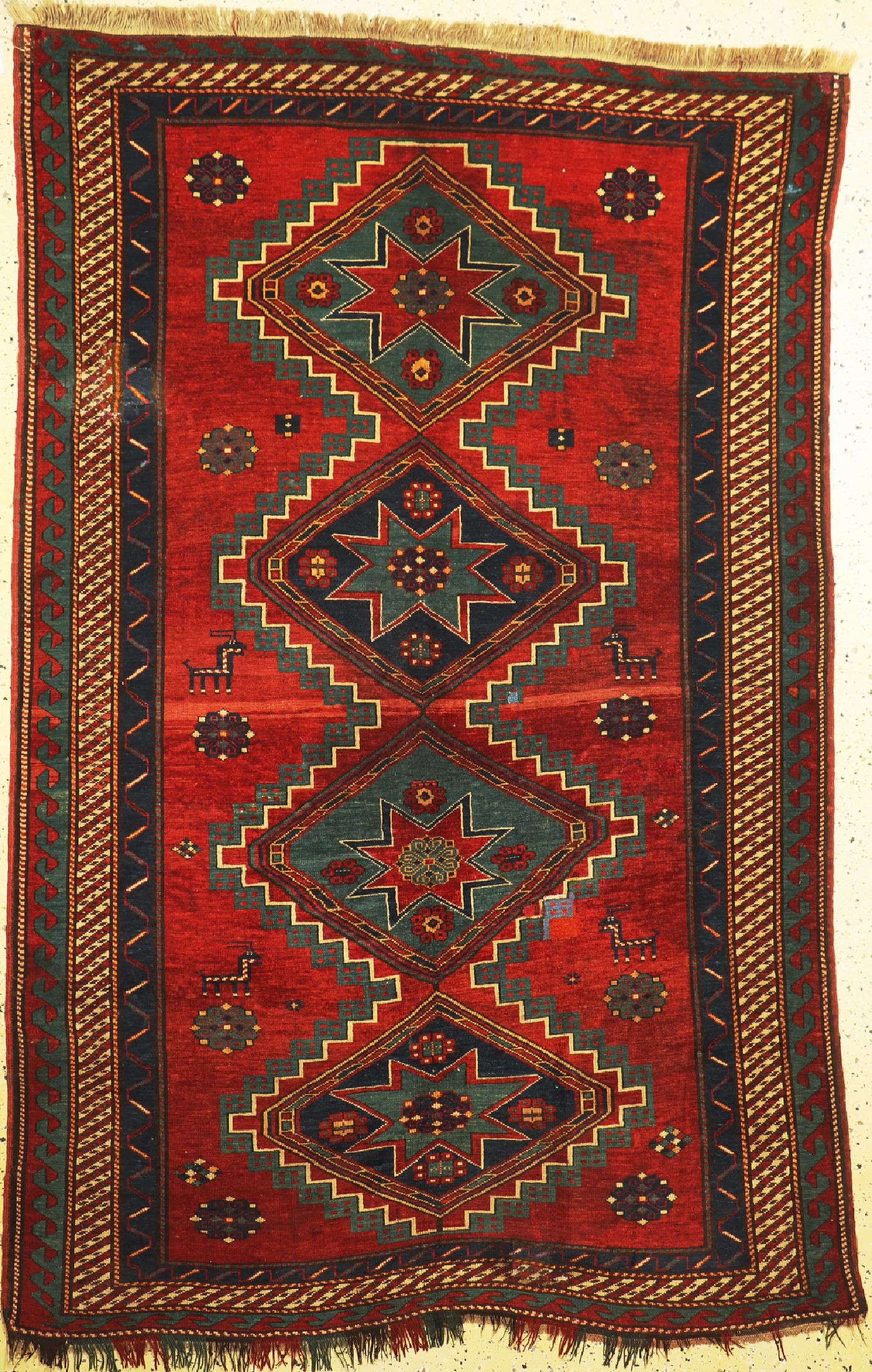 Antiker Kazak, Kaukasus, um 1900, Wolle aufWolle, ca. 235 x 156 cm, verkürzt, EHZ: 2-3, restauriert