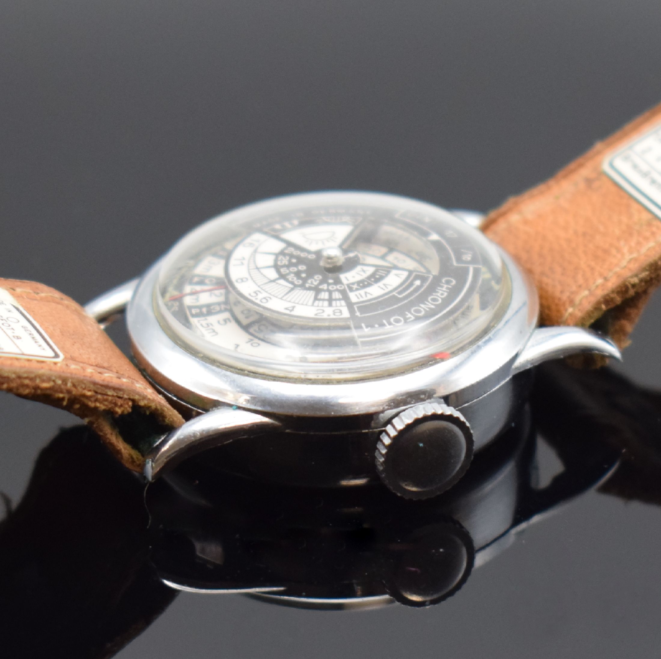 Detail b: R. LAPANOUSE extrem seltene Armbanduhr zur Bestimmung von Belichtungszeiten Modell Chronofot 1, Handaufzug, Schweiz/Deutschland um 1940, verchr. ...