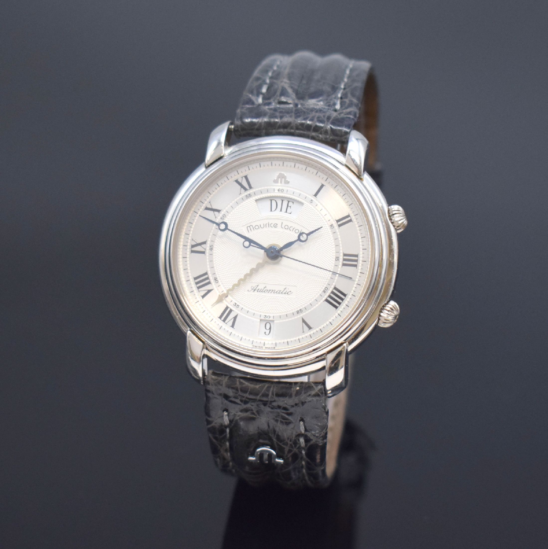 MAURICE LACROIX auf 199 Stück limitierte Herrenarmbanduhr mit Wecker in Platin Referenz 45394, Automatik, beids. vergl. Geh., orig.Lederband m. ...