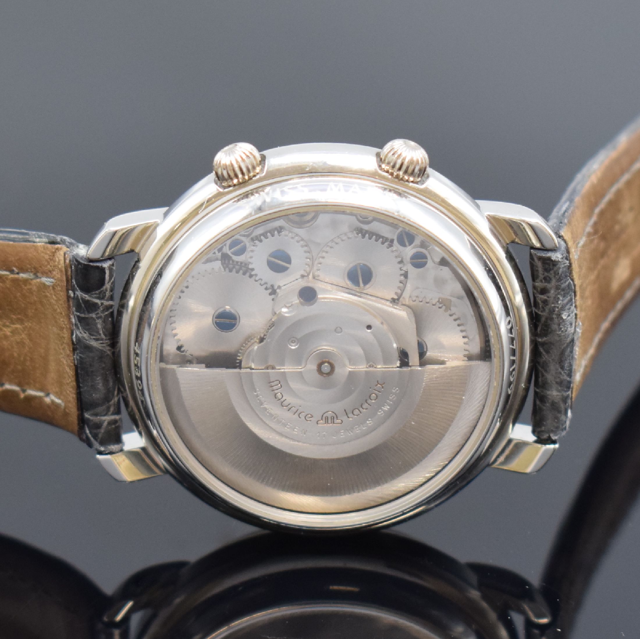 Detail c: MAURICE LACROIX auf 199 Stück limitierte Herrenarmbanduhr mit Wecker in Platin Referenz 45394, Automatik, beids. vergl. Geh., orig.Lederband m. ...