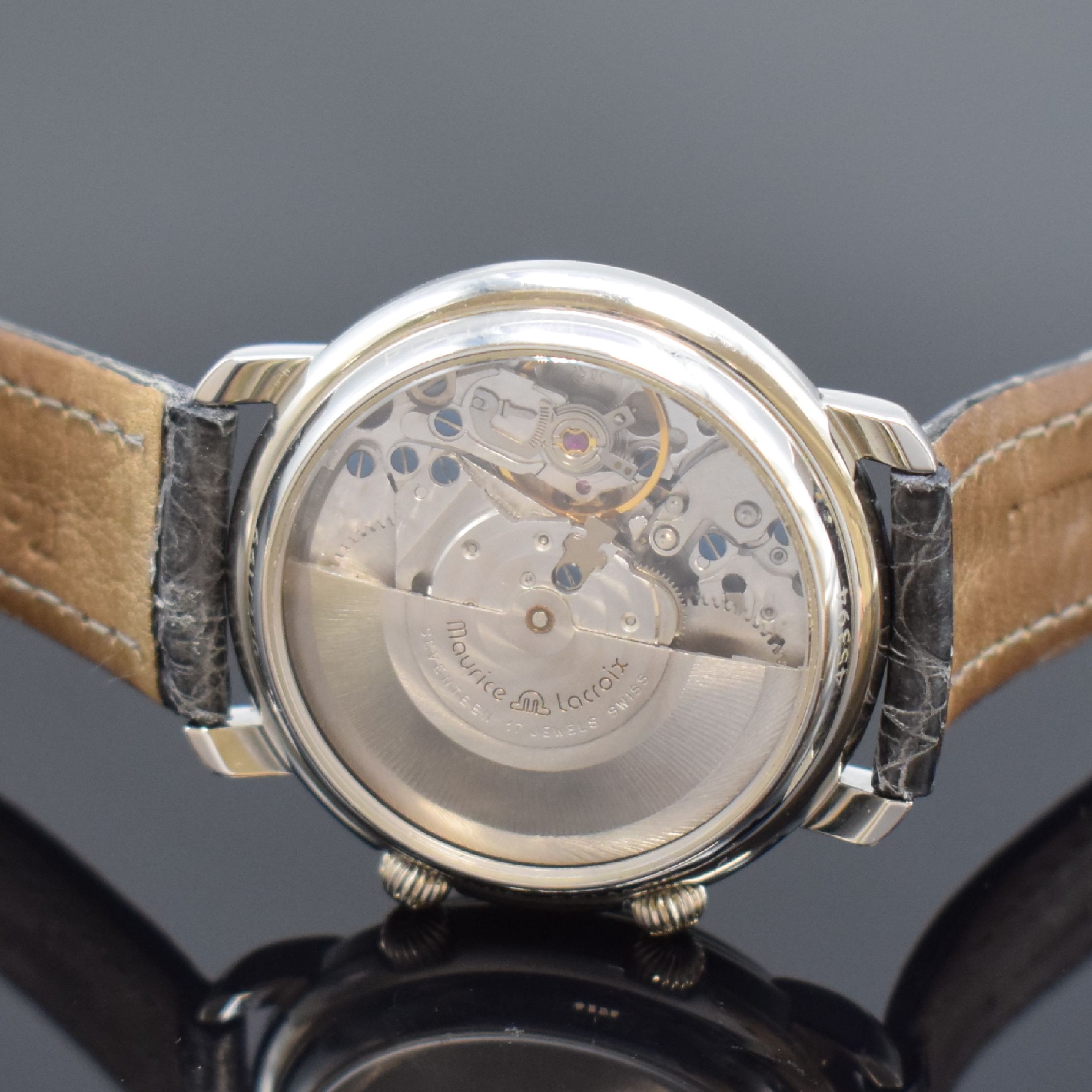 Detail d: MAURICE LACROIX auf 199 Stück limitierte Herrenarmbanduhr mit Wecker in Platin Referenz 45394, Automatik, beids. vergl. Geh., orig.Lederband m. ...
