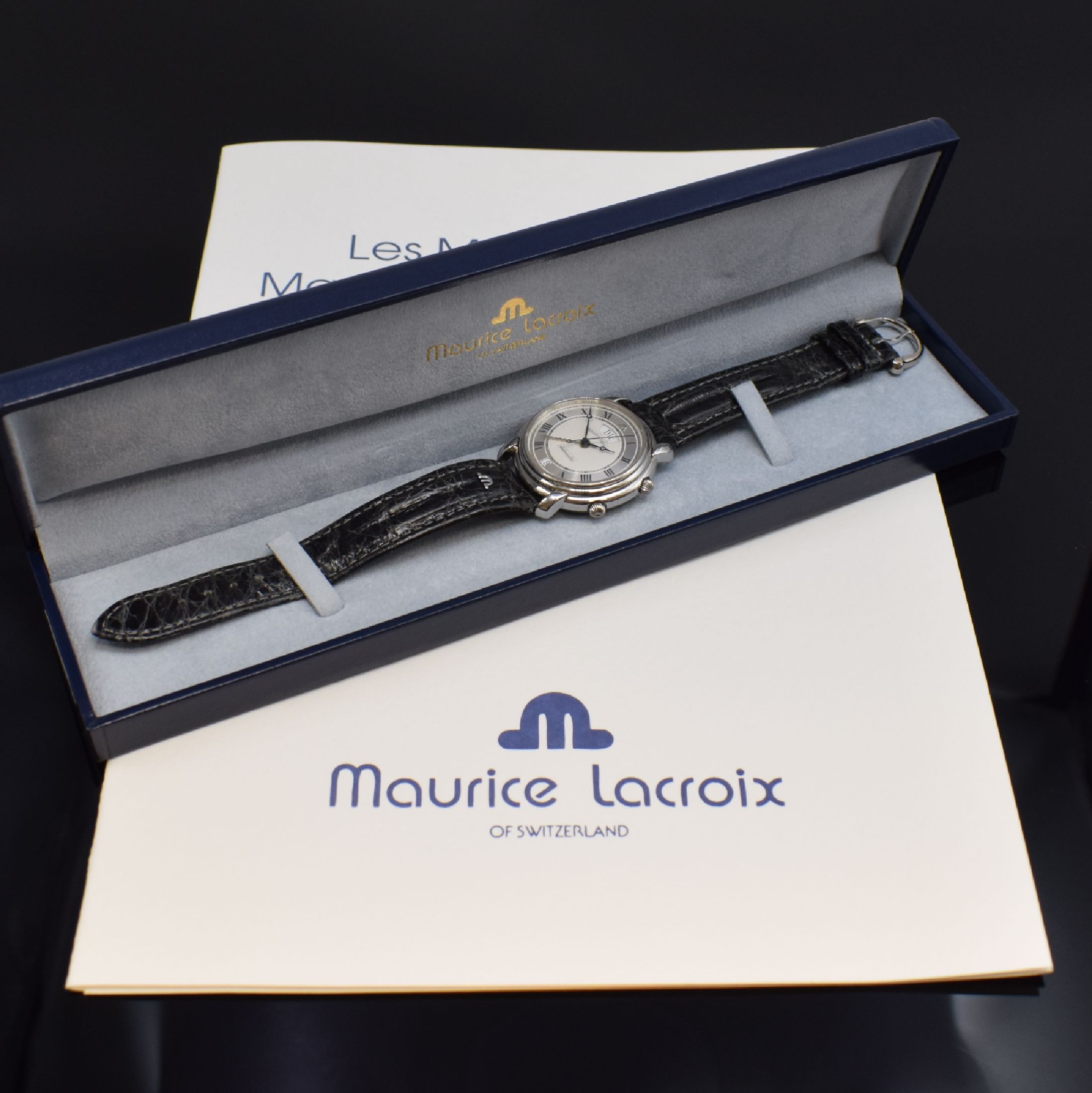Detail e: MAURICE LACROIX auf 199 Stück limitierte Herrenarmbanduhr mit Wecker in Platin Referenz 45394, Automatik, beids. vergl. Geh., orig.Lederband m. ...