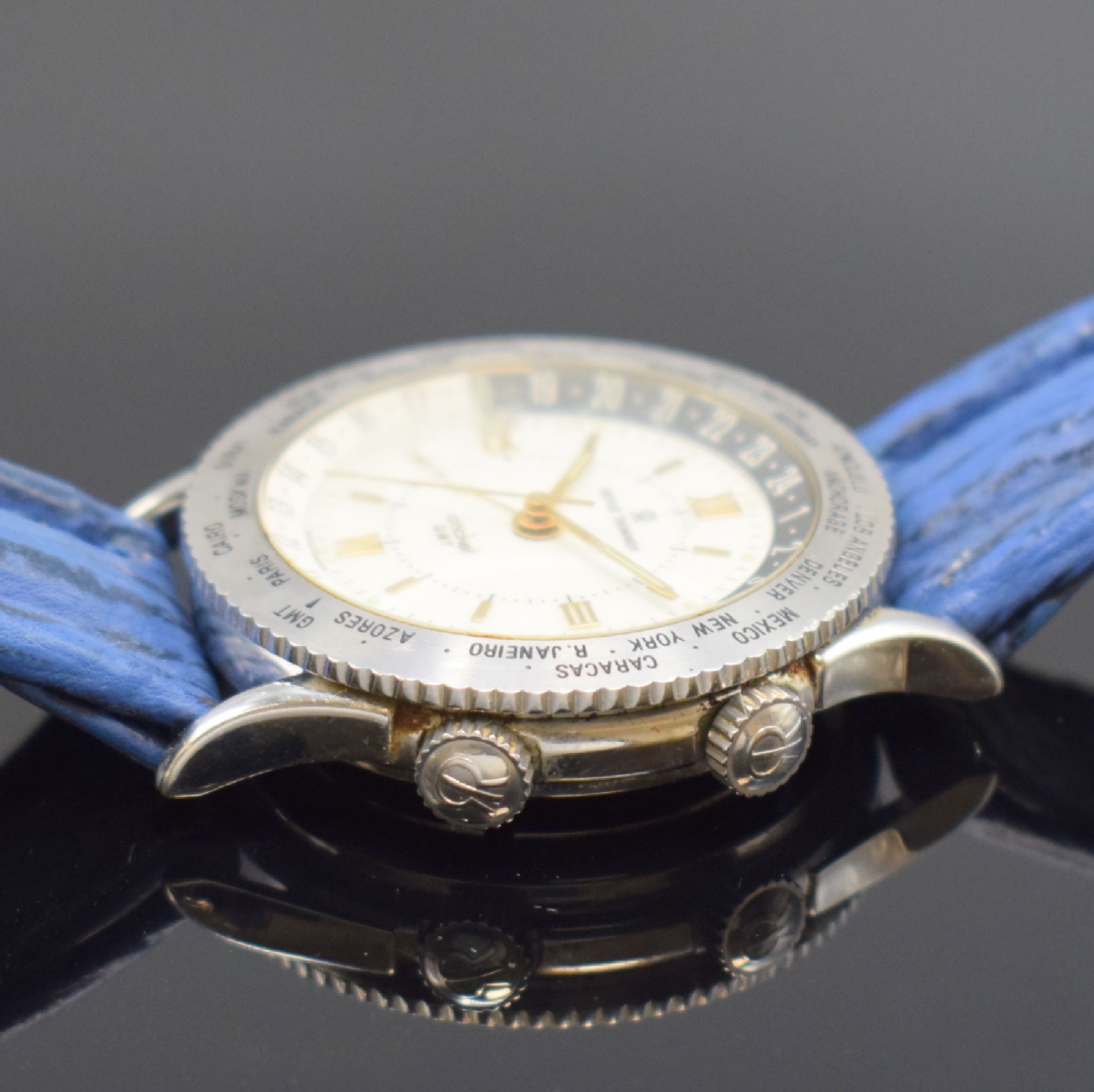 Detail c: REVUE THOMMEN auf 1400 Stück limitierter Armbandwecker Serie Cricket GMT Referenz 7910003, Handaufzug, Edelstahlgeh. inkl. Lederband m. orig. ...