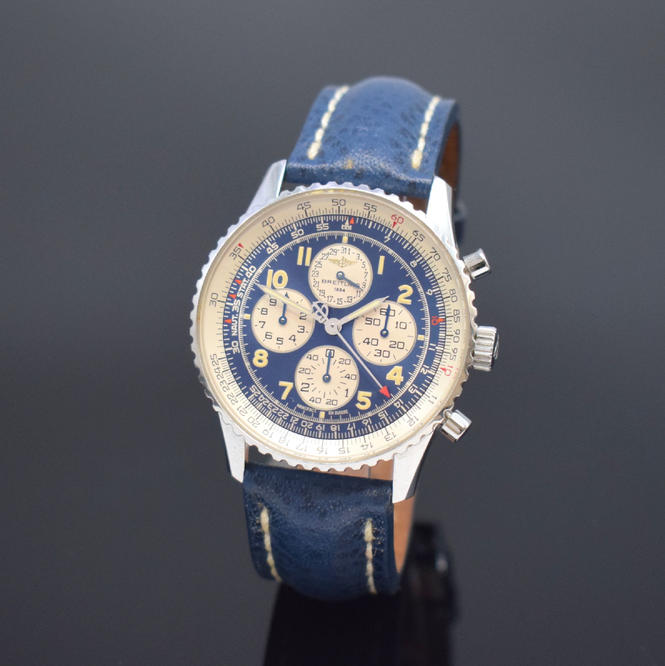 BREITLING Armbandchronograph Modell Navitimer Airborne Referenz A33030, Automatik, Schweiz um 1996, Edelstahlgeh. inkl. orig. Lederband m. orig. ...