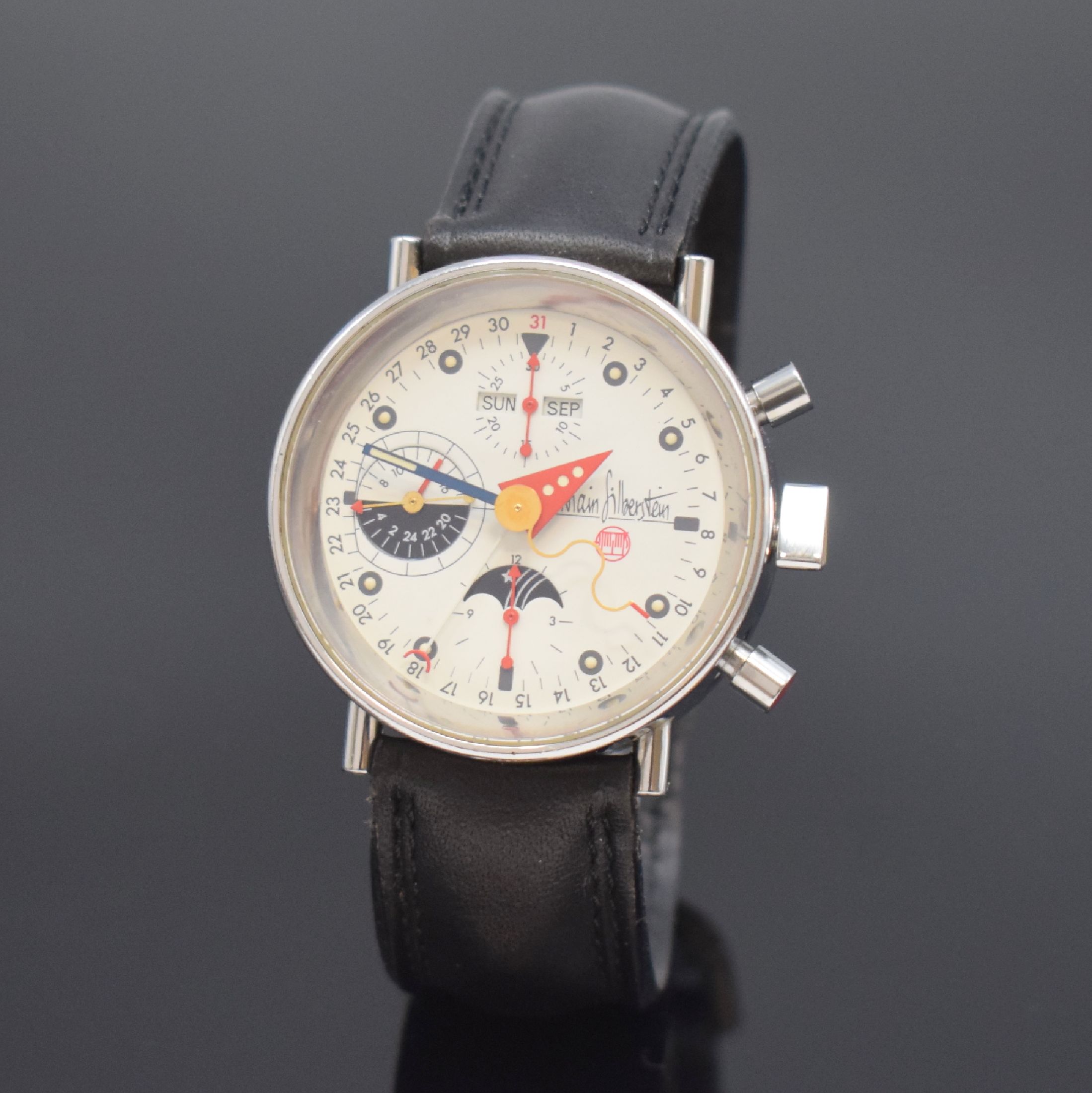 ALAIN SILBERSTEIN Armbandchronograph KRONO2, Automatik, Frankreich um 1993, Edelstahlgeh. inkl. orig. Lederband (zu ers.), beids. vergl., Boden ...