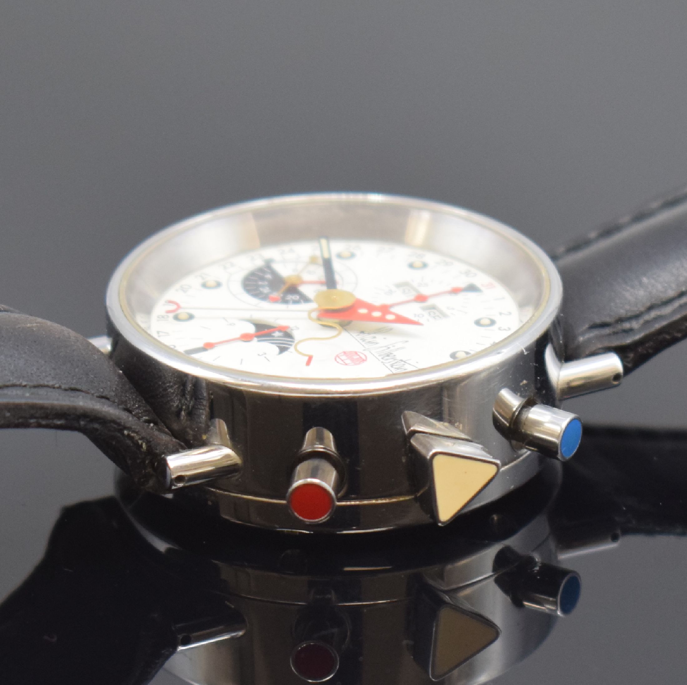 Detail b: ALAIN SILBERSTEIN Armbandchronograph KRONO2, Automatik, Frankreich um 1993, Edelstahlgeh. inkl. orig. Lederband (zu ers.), beids. vergl., Boden ...