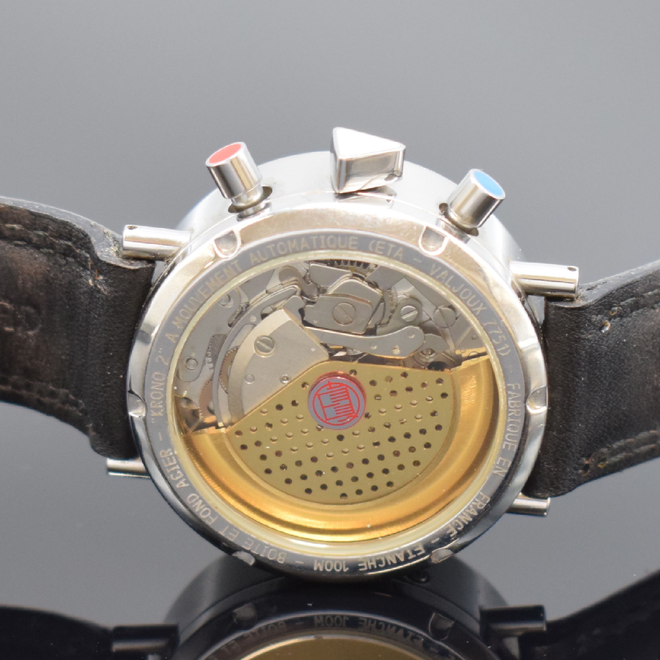 Detail c: ALAIN SILBERSTEIN Armbandchronograph KRONO2, Automatik, Frankreich um 1993, Edelstahlgeh. inkl. orig. Lederband (zu ers.), beids. vergl., Boden ...
