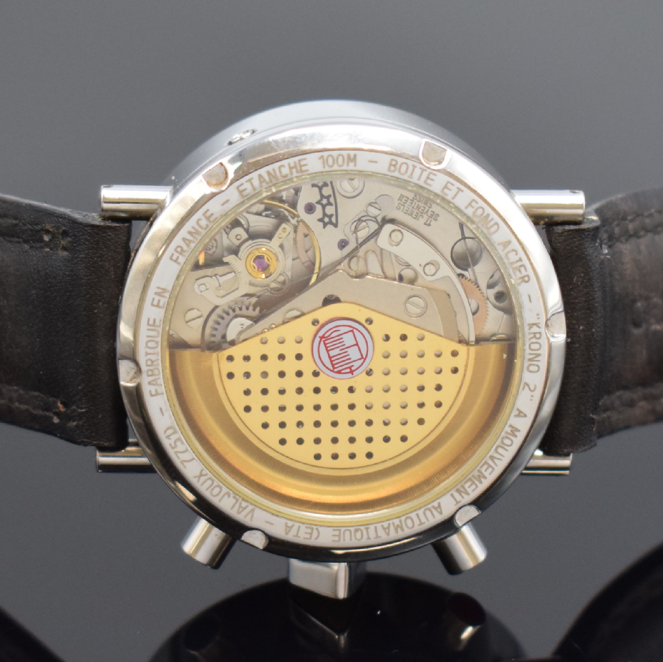 Detail e: ALAIN SILBERSTEIN Armbandchronograph KRONO2, Automatik, Frankreich um 1993, Edelstahlgeh. inkl. orig. Lederband (zu ers.), beids. vergl., Boden ...