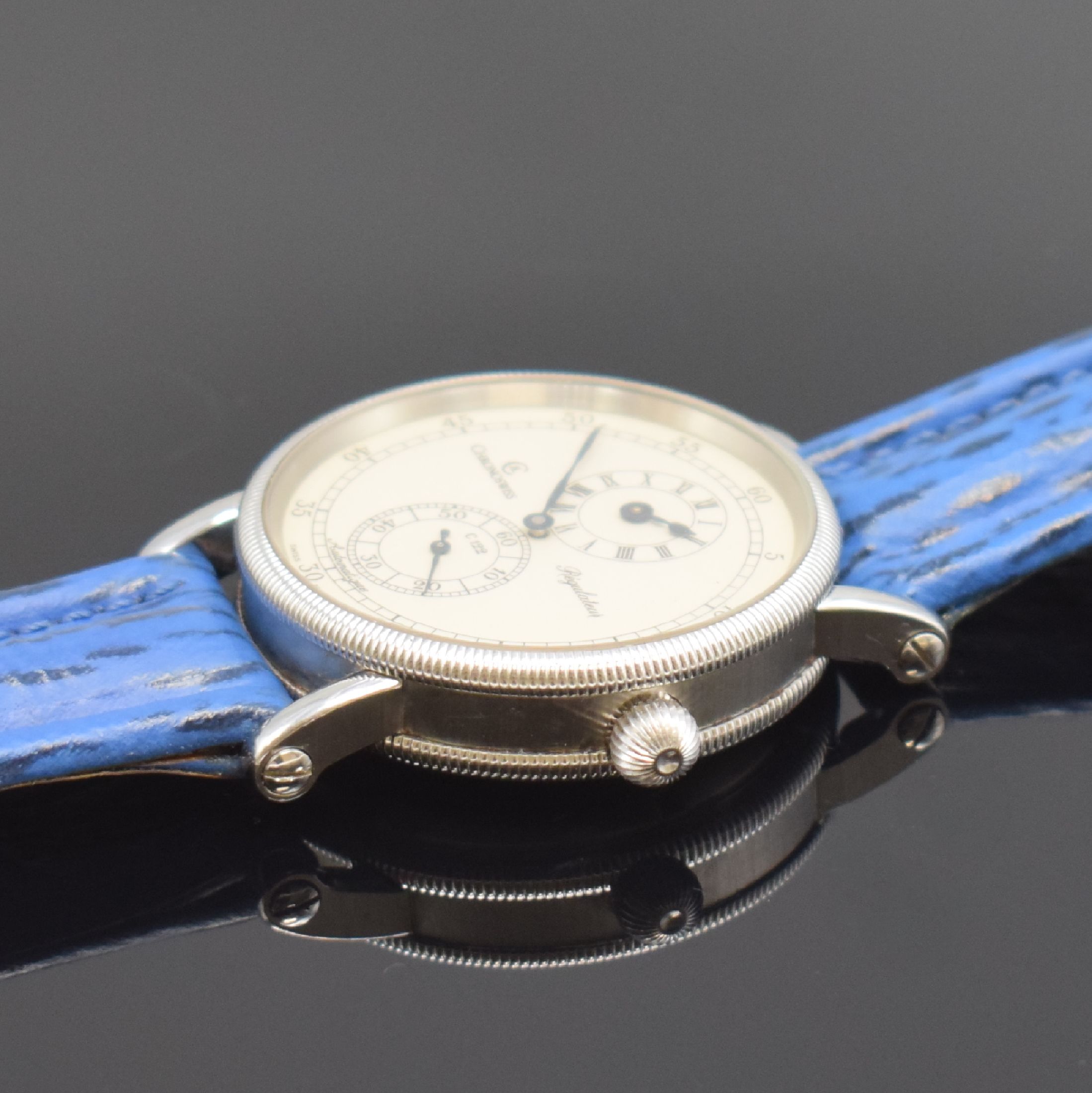 Detail c: CHRONOSWISS Regulateur Herrenarmbanduhr in Stahl Referenz CH 1223, Automatik, beids. vergl. Geh. inkl. orig. Haifisch-Lederband m. orig. Dornschl., ...