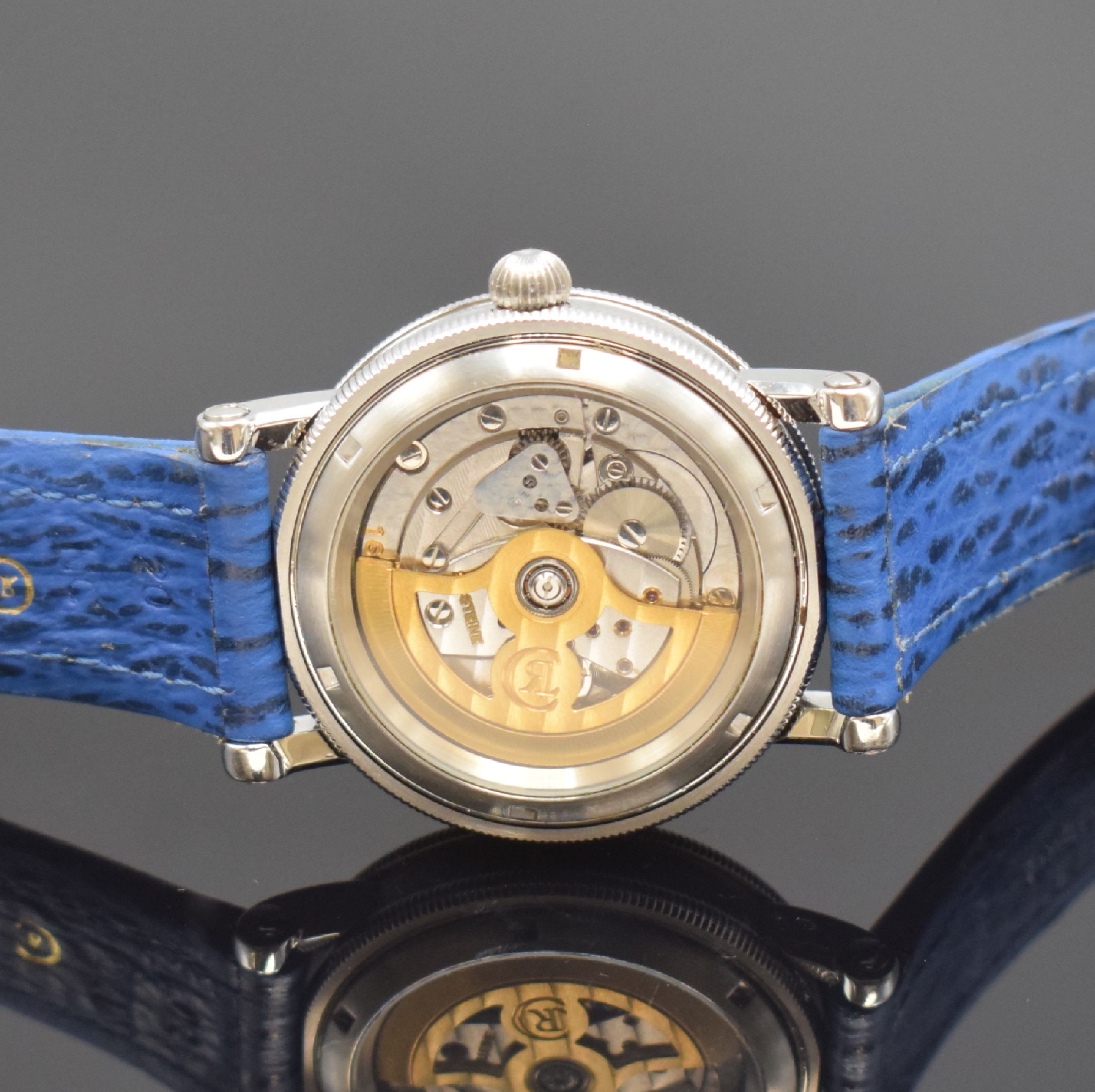 Detail d: CHRONOSWISS Regulateur Herrenarmbanduhr in Stahl Referenz CH 1223, Automatik, beids. vergl. Geh. inkl. orig. Haifisch-Lederband m. orig. Dornschl., ...